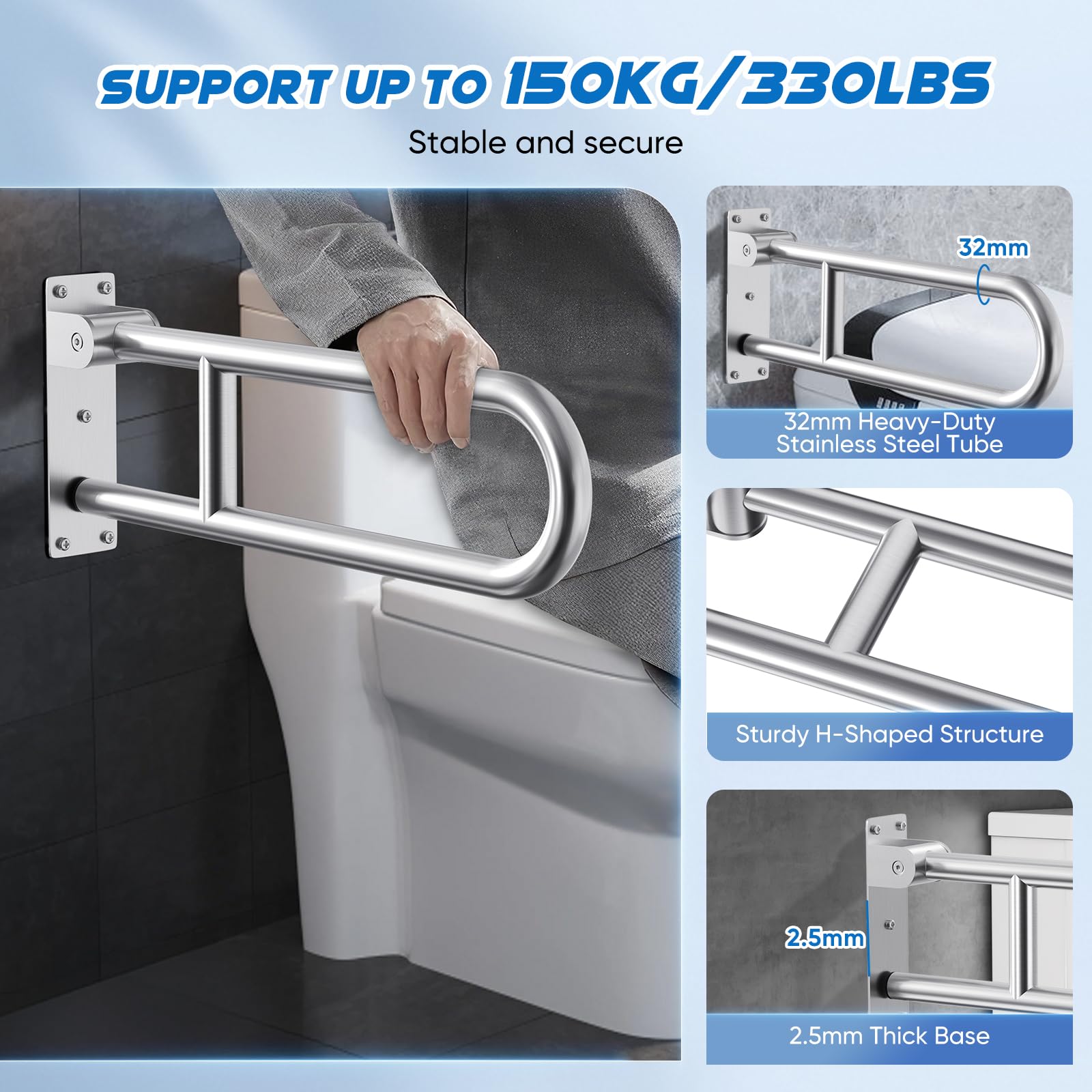 60cm Maniglione Bagno Disabili, Maniglioni Bagno per Anziani, Acciaio inossidabile 304, Capacità di Carico 150 kg, Maniglione Ribaltabile Bagno per Anziani, Incinta, Disabili