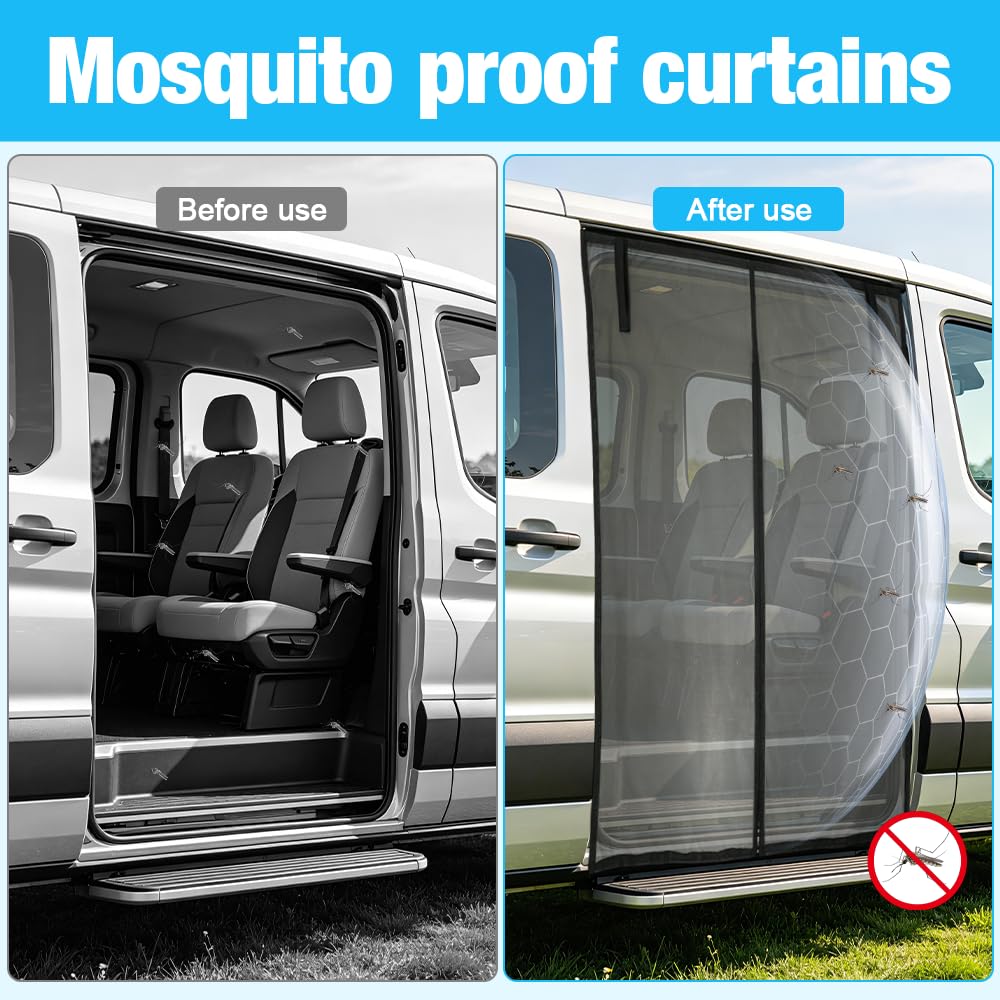 Magnetic Van Bug Nets for VW T5 T6, Magnetic Sliding Door Fly Screen Van, Van Bug Screen Mosquito Net with Central Zipper, Ventilation, Sun Protection, for Camping Travel, 175x150cm — view 3