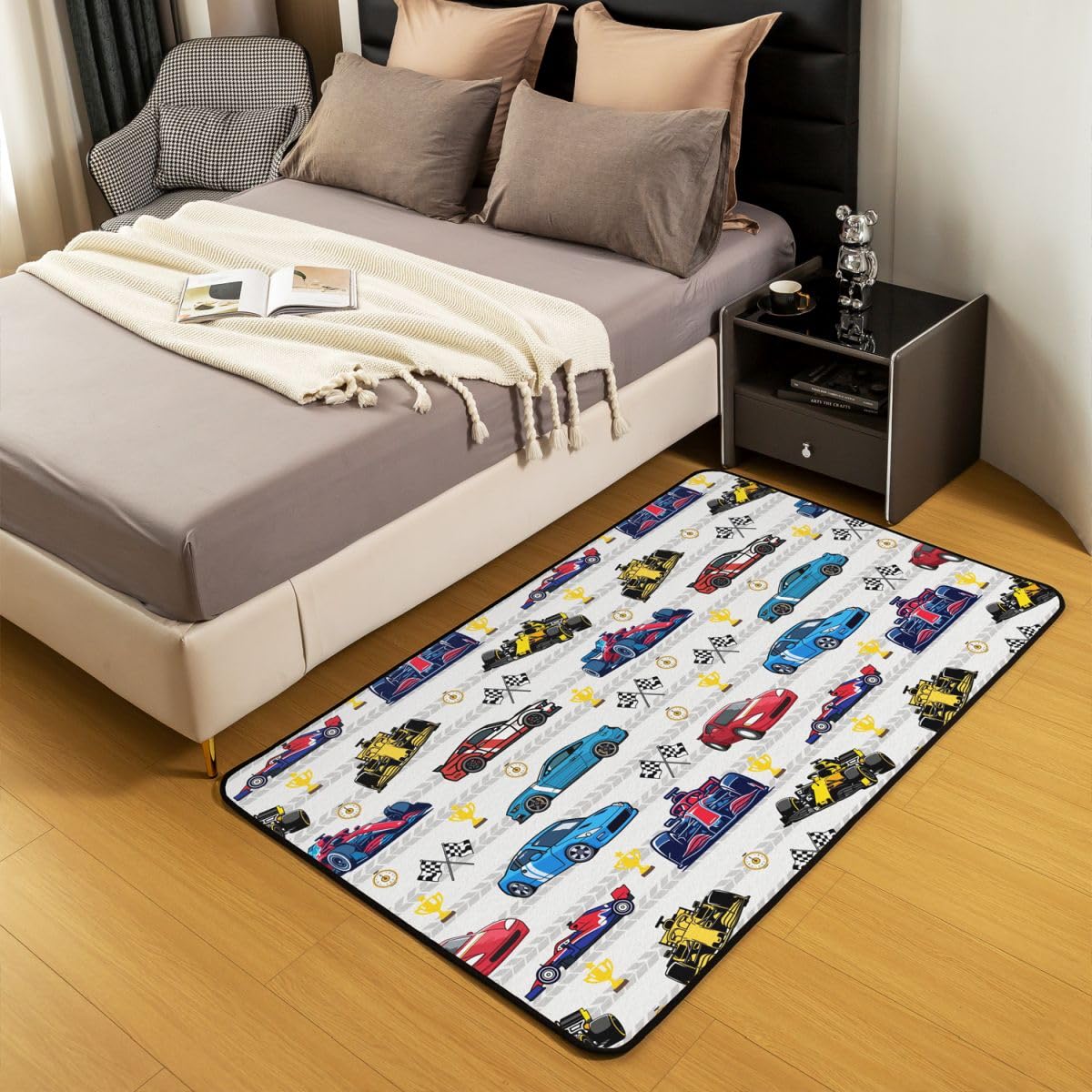 Tapis de salon, voiture de course, 150 x 200 cm, voiture de sport, chambre à coucher, pour garçons et filles, thème sports extrêmes, bleu, rouge, jaune, décoration d'intérieur