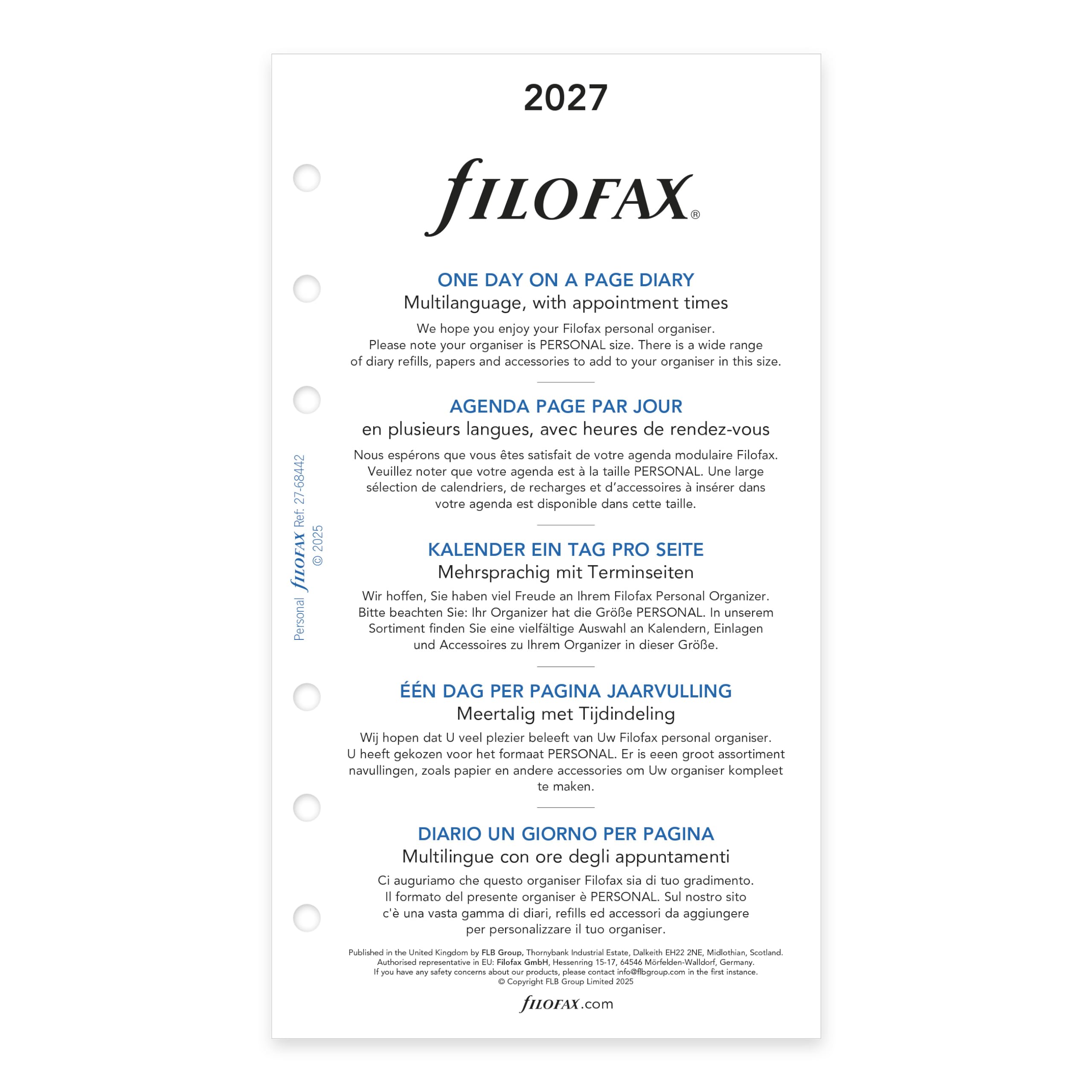 Filofax Recharge d'agenda 2027 - Format personnel/compact - 1 jour sur une page avec rendez-vous - Papier blanc - Multilingue : cinq langues - C68442-27