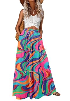 Lepunuo Womens Casual Boho High Waisted Flowy Maxi Skirts Tiered Floral Long Skirts with Pockets for Summer Beach