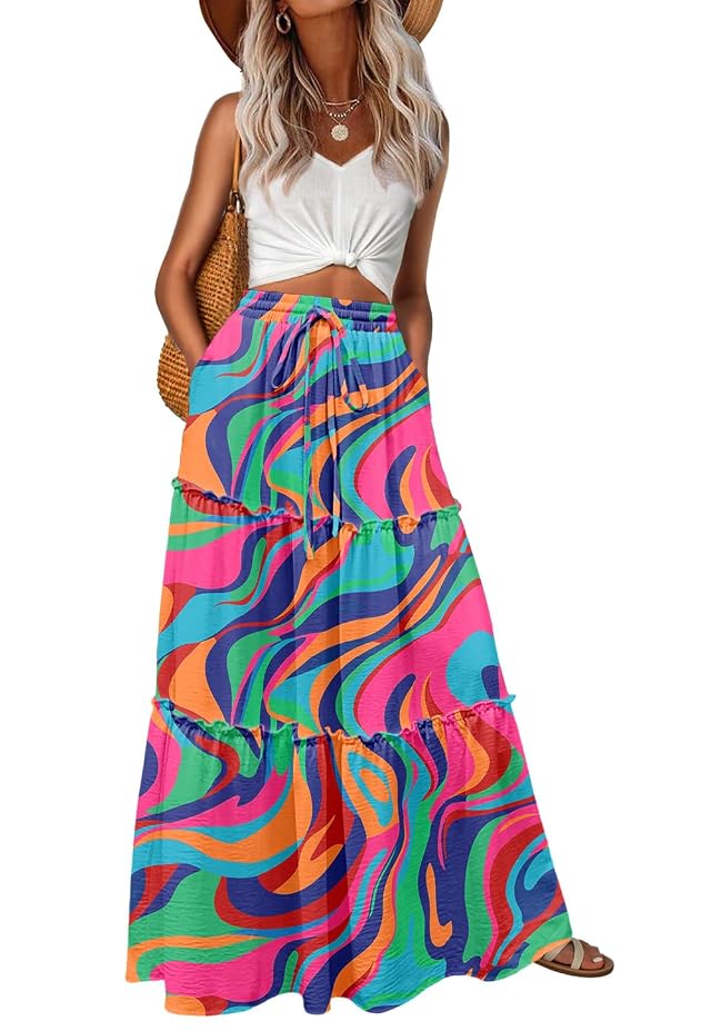 Lepunuo Womens Casual Boho High Waisted Flowy Maxi Skirts Tiered Floral Long Skirts with Pockets for Summer Beach