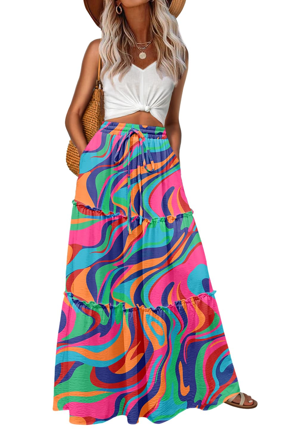 Lepunuo Womens Casual Boho High Waisted Flowy Maxi Skirts Tiered Floral Long Skirts with Pockets for Summer Beach