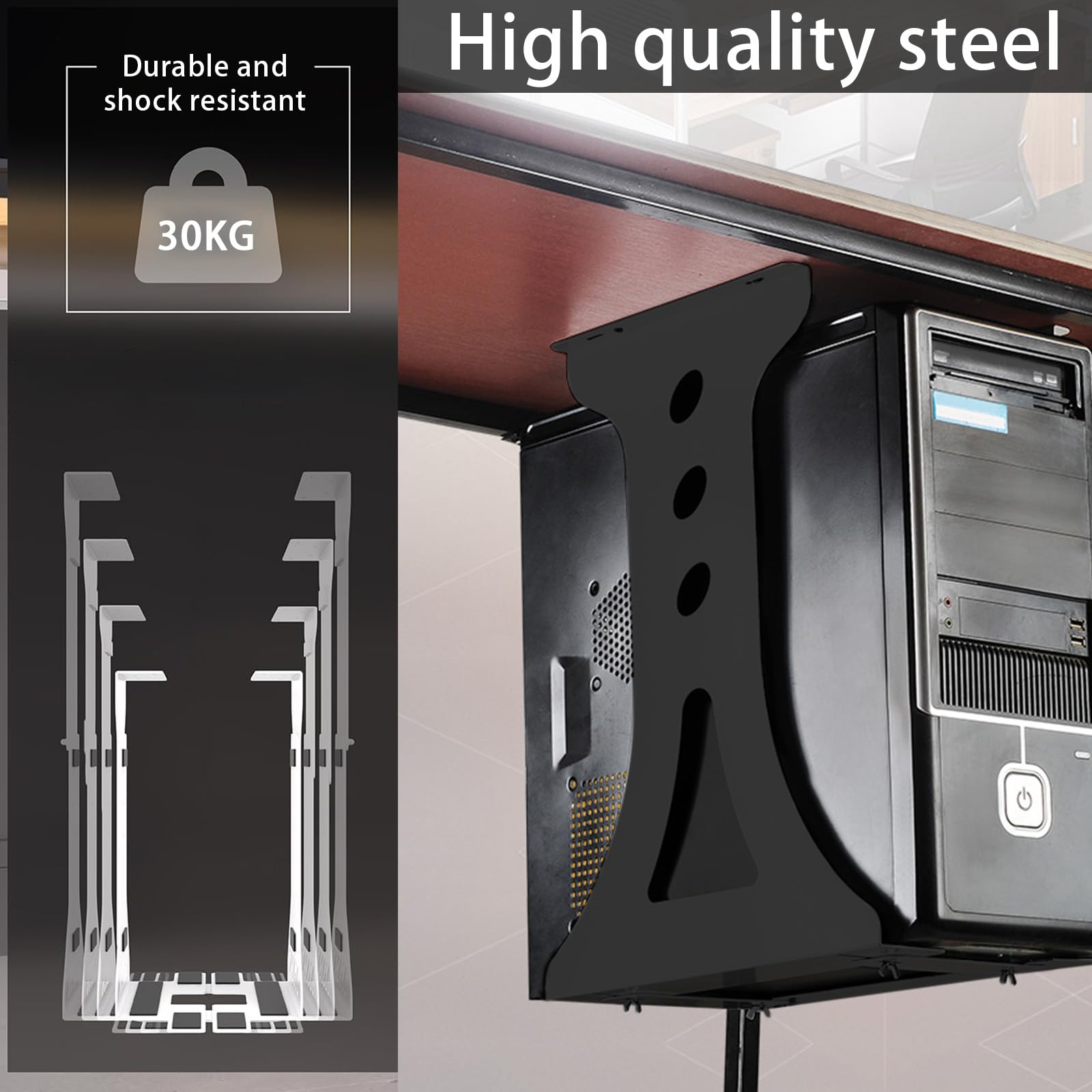 Soporte para Pc Acero Inoxidable, Soporte Negro para Pc Debajo del Escritorio Ancho Ajustable De 15 A 25 Cm Capacidad De hasta 30 Kg para La MayoríA De Los Anfitriones