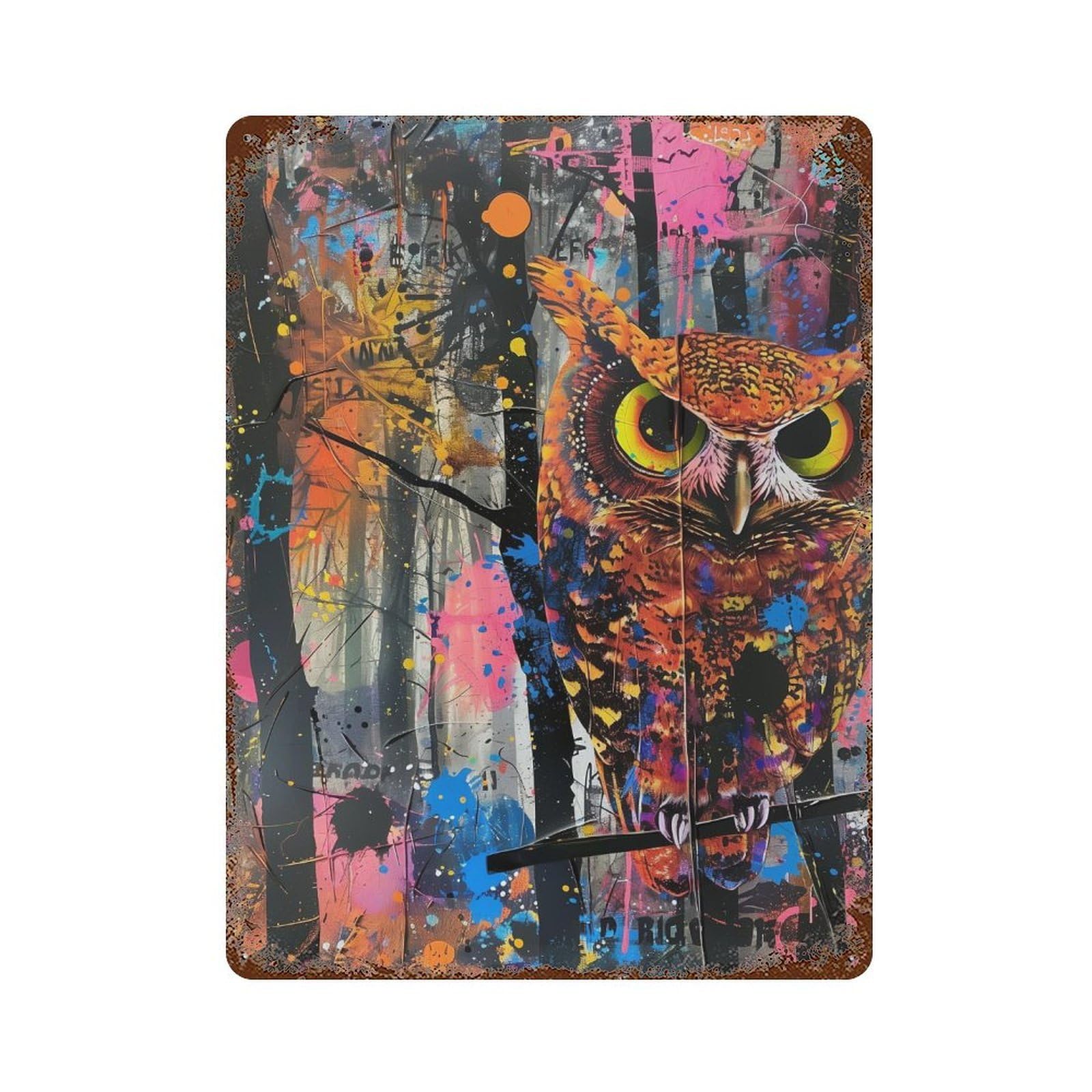 Colorful Abstract Owl Art Print Distressed Metal Wall Sign 15.7"x11.8", for Farmhouse, Kitchen And Entryway Decor, Rustic Home Decor