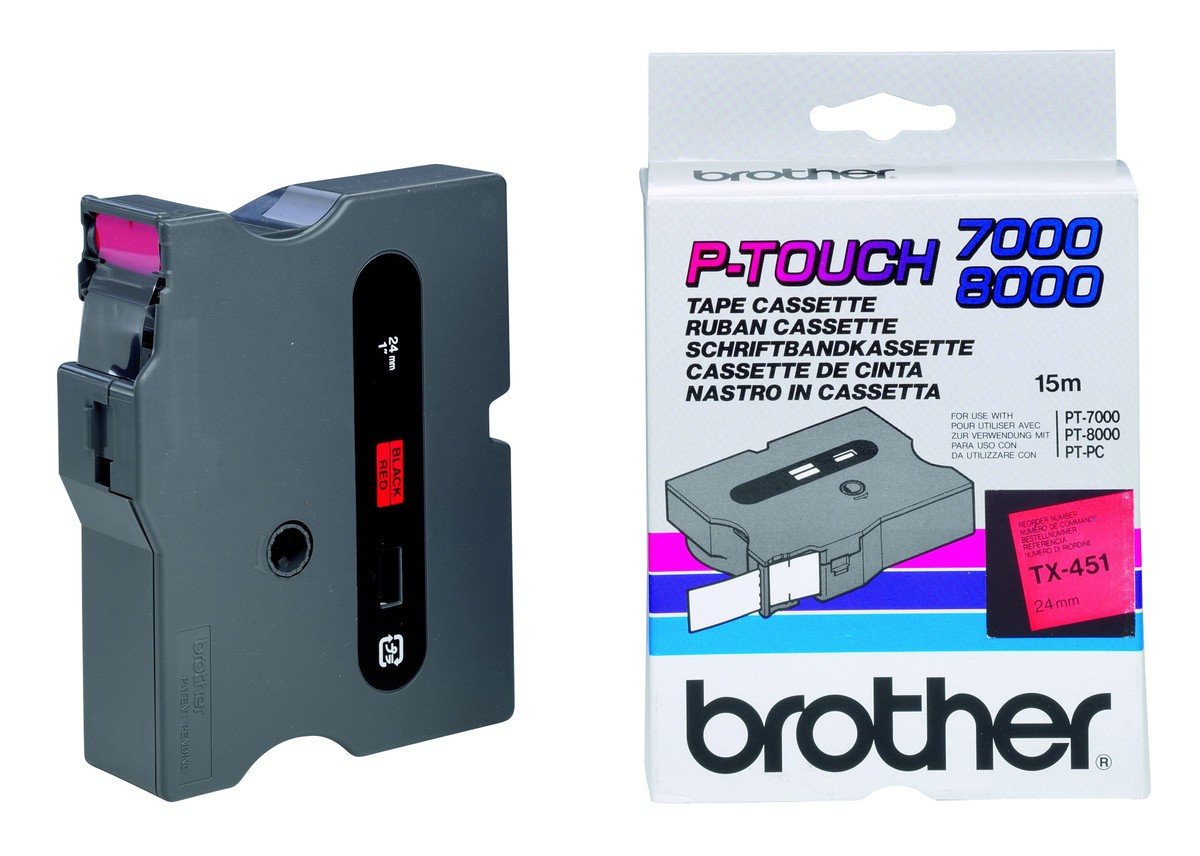 Brother TX-451 Labelling Tape Cassette, Black on Red, 24 mm (W) x 15M (L), Laminated, Brother Genuine Supplies