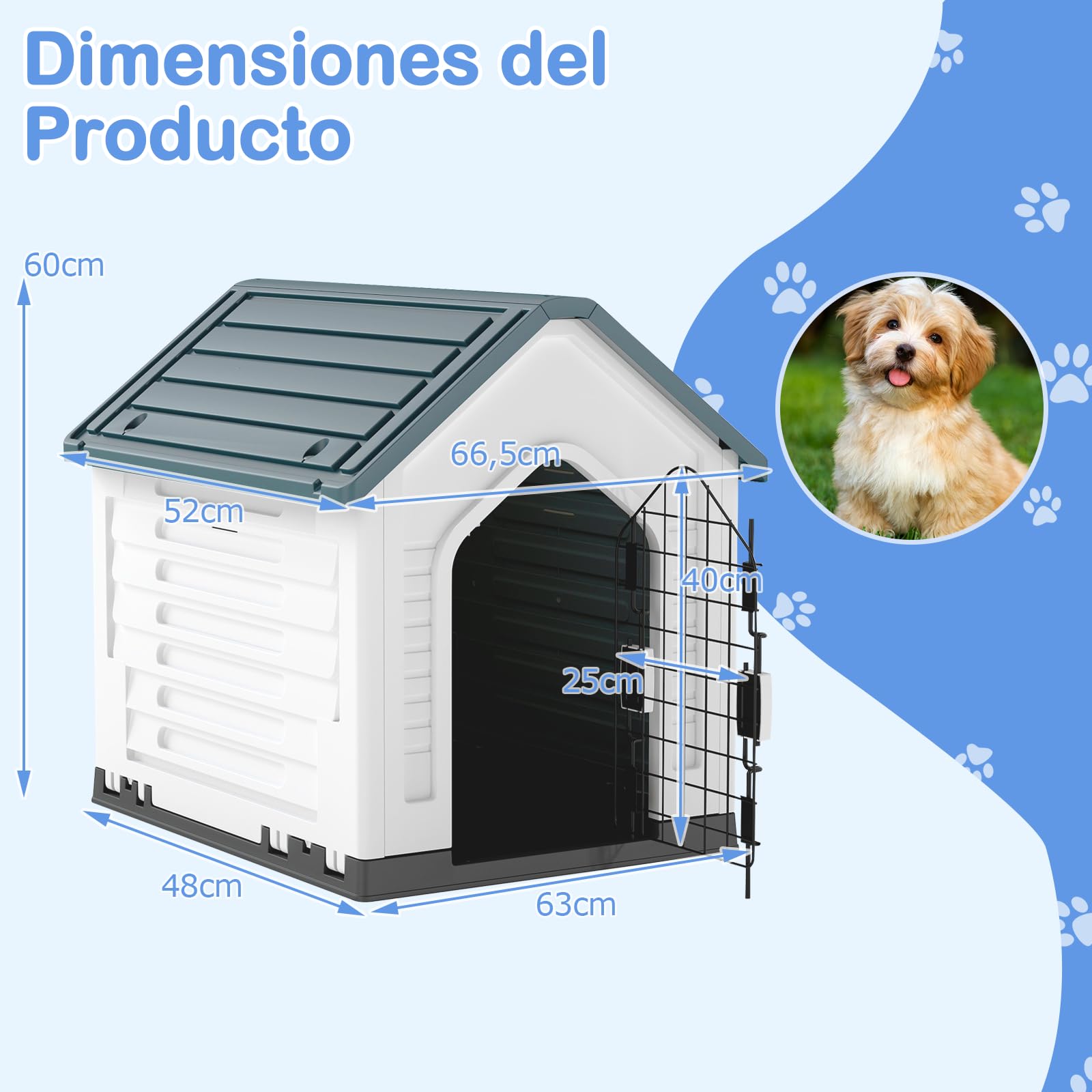GOPLUS Caseta de Perro de Plástico, Casa para Perros con Puerta de Malla Bloqueable y Piso Elevado, Ventilación, Techo Inclinado, Perrera para Interior y Exterior para Mascotas (Gris)