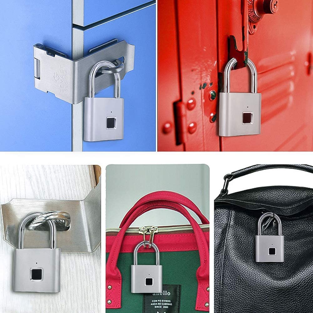 Zamek na odcisk palca, inteligentny zamek, wodoszczelny, kłódka na odciski palców, ładowanie przez USB, biometryczna, wysoka blokada bezpieczeństwa do siłowni, bagażu, szafki (srebrna)
