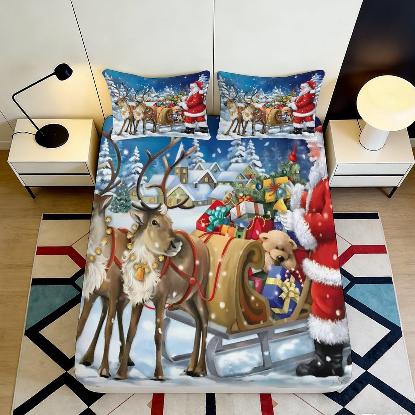 Pnayamiorkfel Style-2 3D Printed Christmas Santa Reindeer Fitted Sheet Microfiber Soft Bed Cover For Bedroom Guest Room Festive Decor Dustproof 90X200x25cm