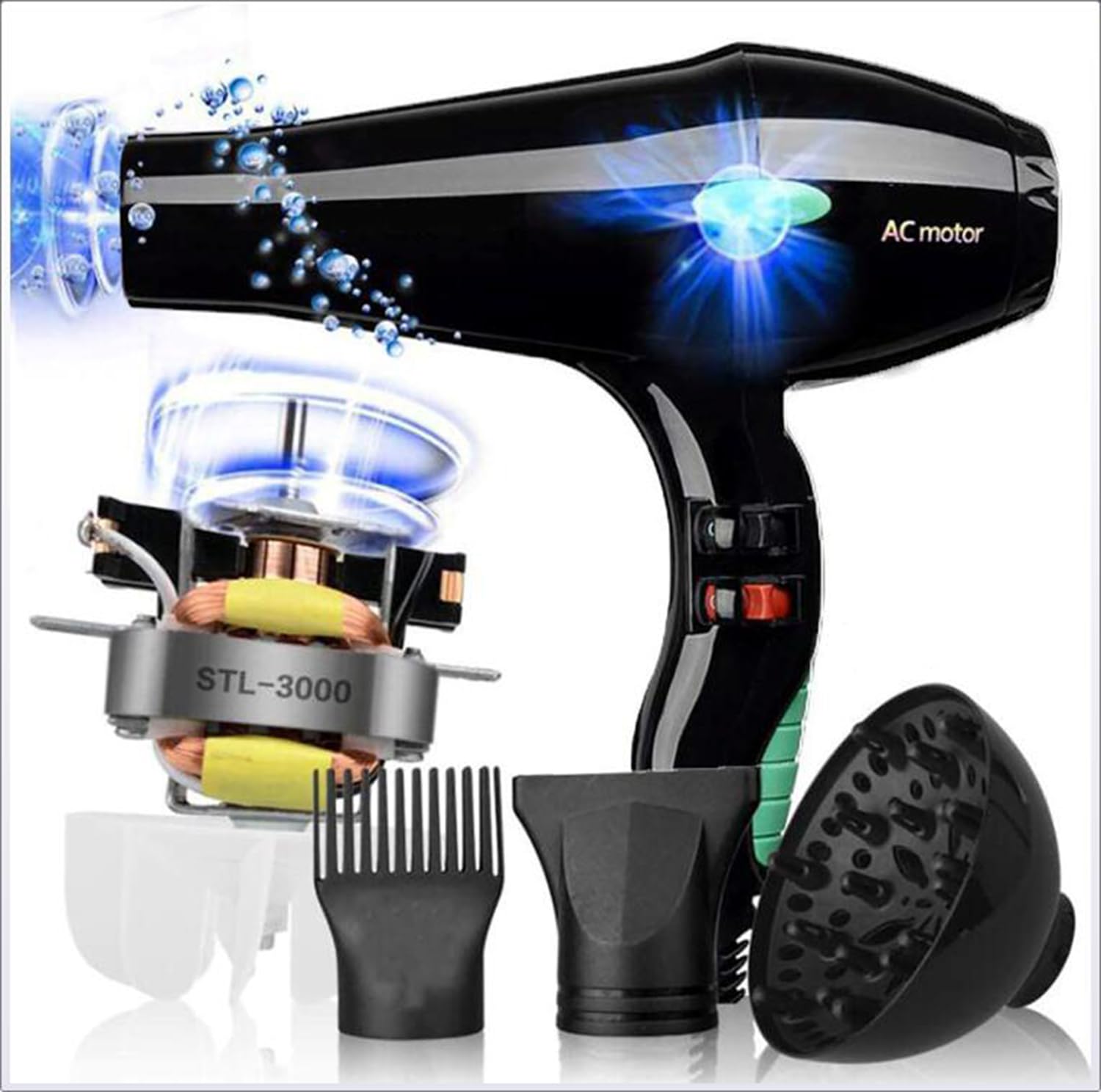 3000W Professioneller Haartrockner mit Diffusor für Frauen, Salon Ionisches Haartrockner mit 2 Geschwindigkeit und 3 Wärmeeinstellung, Leistungsstarker Fön mit Sammeldüse + Diffusor + Kamm