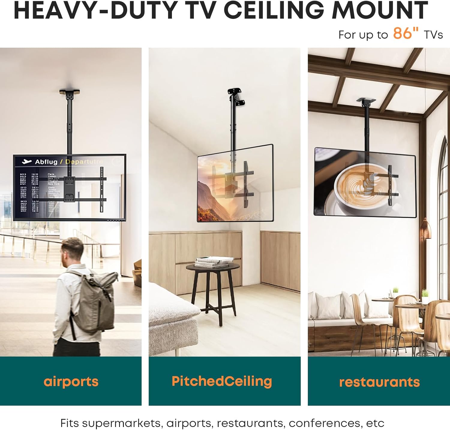 Ceiling TV Mount for 43-86 Screens, Hanging TV Bracket with Height Adjustable Pole Fits Most LCD LED OLED 4K TVs Supports up to 132lbs, Max VESA 600x400mm,Black