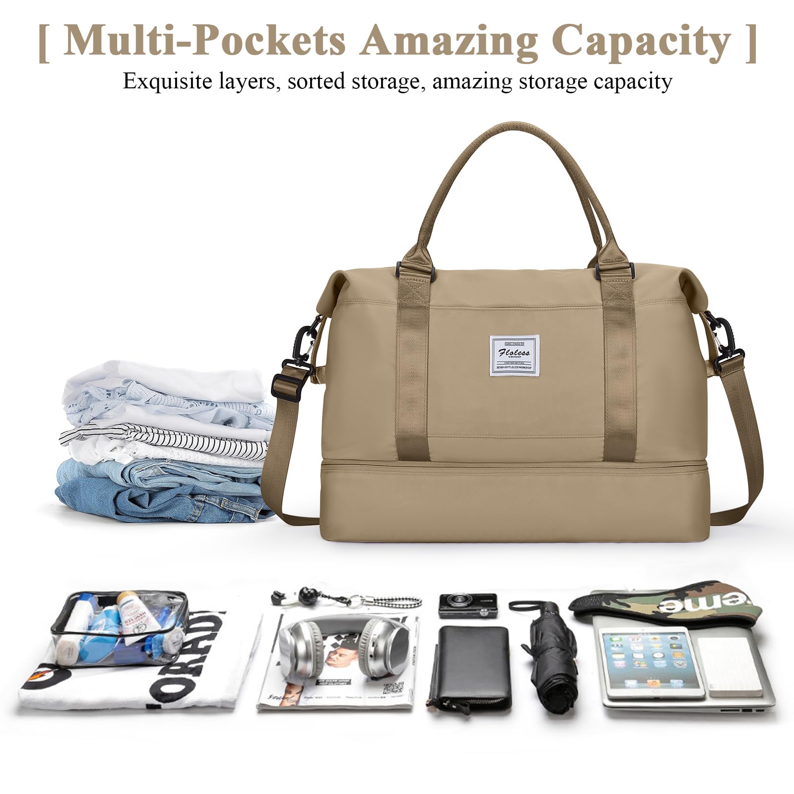 Borsone da Viaggio Donna, 45x36x20 Easyjet Bagaglio a Mano Borsa da Viaggio con Scomparto per le Scarpe, Borsa Sportiva Borsone da Palestra Grande, Borsa da Weekend,Borsa per Ospedale,E11-Cachi