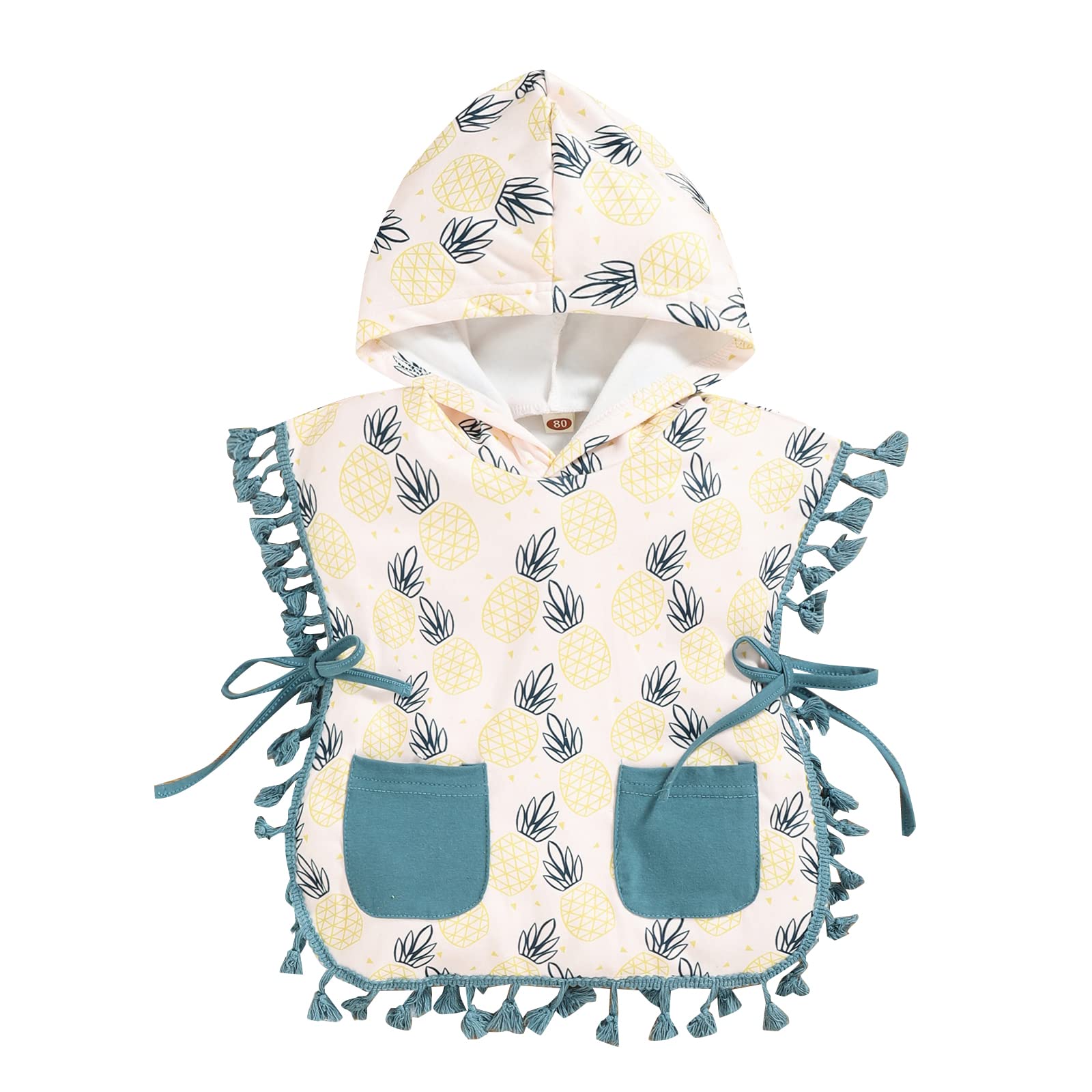 Baby Little Girls Fruits Print Tassel Hoodie Poncho Swimsuit Bikini Beach Cover Up with Pockets (Yellow Pineapple, 4-5T)
