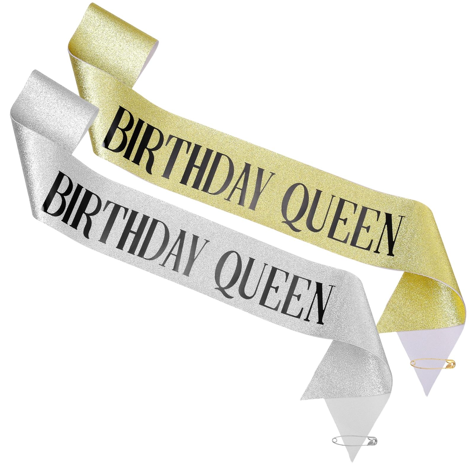 M METERXITY 2-Pack Birthday Sash Printed with the Word Queen, Sequined Fabric Birthday Gifts Decorations with Pin for Women, Teens, Adults/Party Favors Supplies [Black Text, Silver Gold]