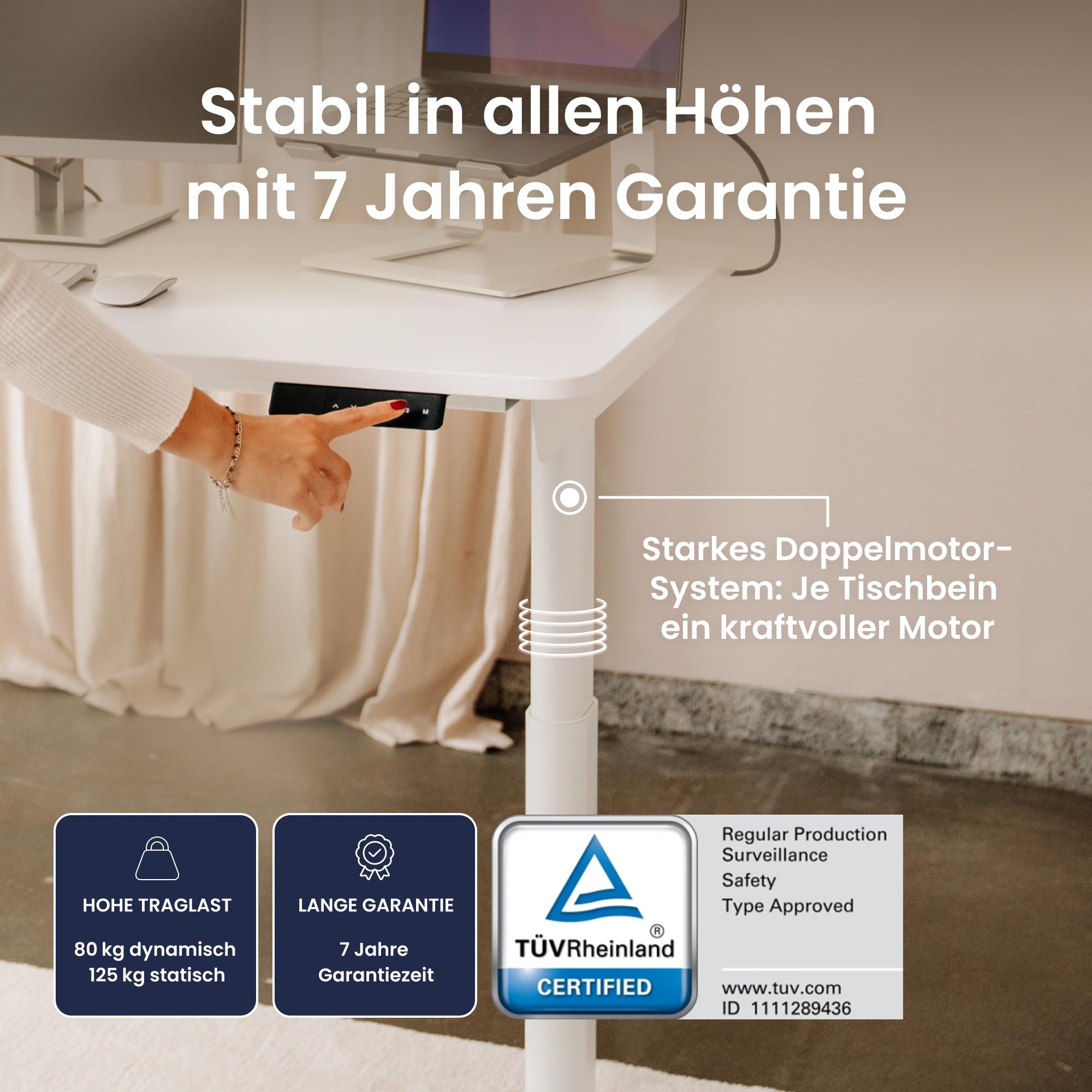 Ergotopia Desktopia One höhenverstellbarer Schreibtisch | elektrischer Schreibtisch höhenverstellbar | Bürotisch höhenverstellbar, Verstellbarer Tisch TÜV-geprüft, 7 Jahre Garantie 160x80 cm