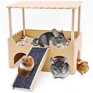 Guinea Pig Castle,Large Wooden Guinea Pig Hideout with Stairs,2 Tierd Small Animal Bed, Easy to Install for Hamsters Chinchillas Bunny Playing Hiding