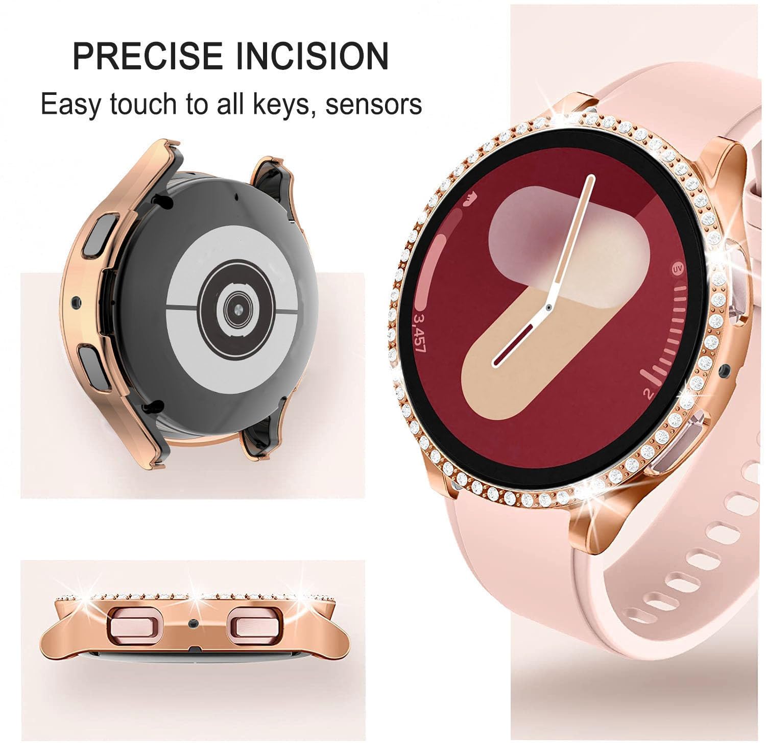 DEALELE [2-PACK] Case Compatible with Samsung Galaxy Watch 5/4 44mm, Bling Single-Row Diamond PC Protective Case Replacement Watch Cover Bumper (44mm, Gold+Transparent) — view 238