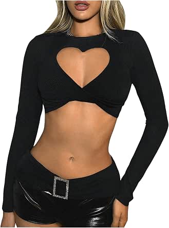 SOLY HUX Women's Twist Cut Out Front Heart Tee - Long Sleeve Crop Top Y2K T-Shirt