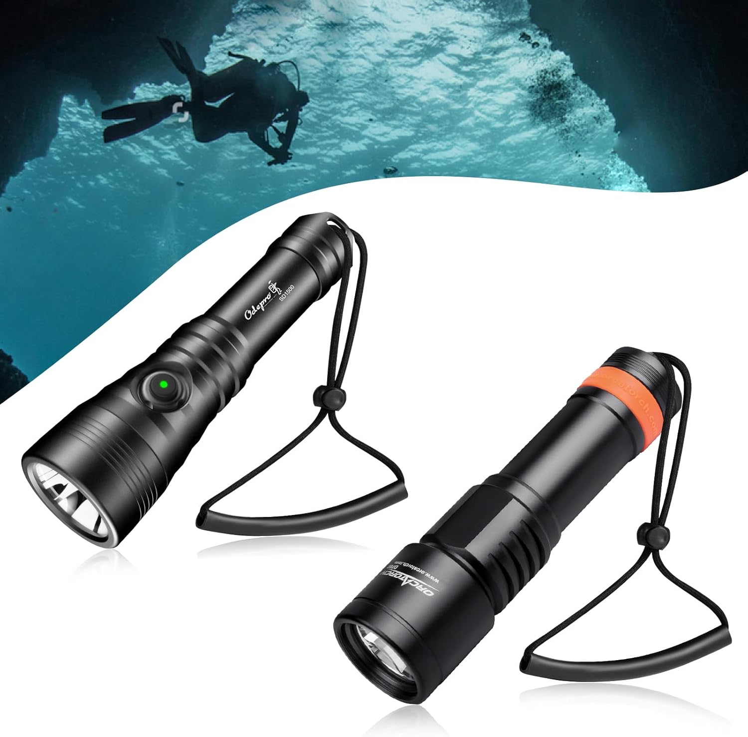 ORCATORCH Dive Light Bundle D700 (1700 Lumen Twist Switch) + Odepro SD1500 (1500 Lumen Backup) - Super Bright Underwater Flashlights for Technical Diving, Cave Exploration & Night Snorkeling