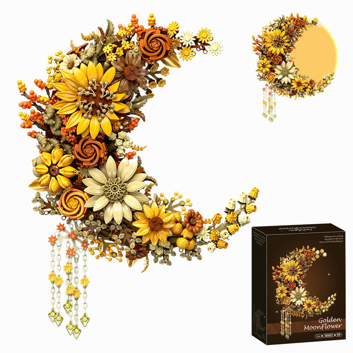 Moon Flowers Building Blocks Set, 939 PCS Sunflower Bouquet Building Kit Decor for Wall, Floral Botanical Wall Art Collection Home Office Creative Model Gift for Adults Girlfriend Women