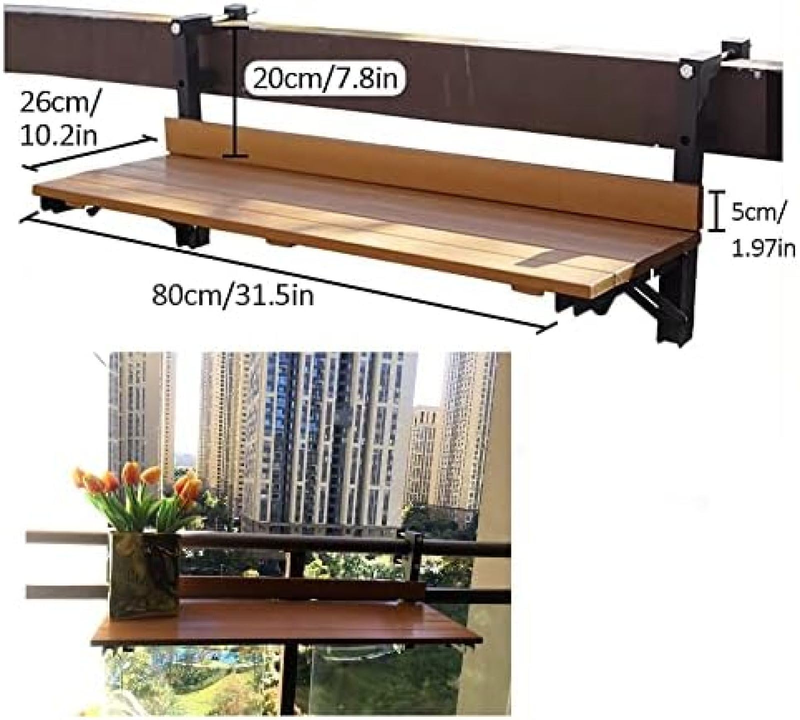 Balkonowy stolik barowy do balustrad, 80 * 26 cm/31,4 * 10,2 cala, stolik barowy na zewnątrz, składany stolik boczny, małe składane biurko oszczędzające miejsce, montowane na ścianie stoliki boc