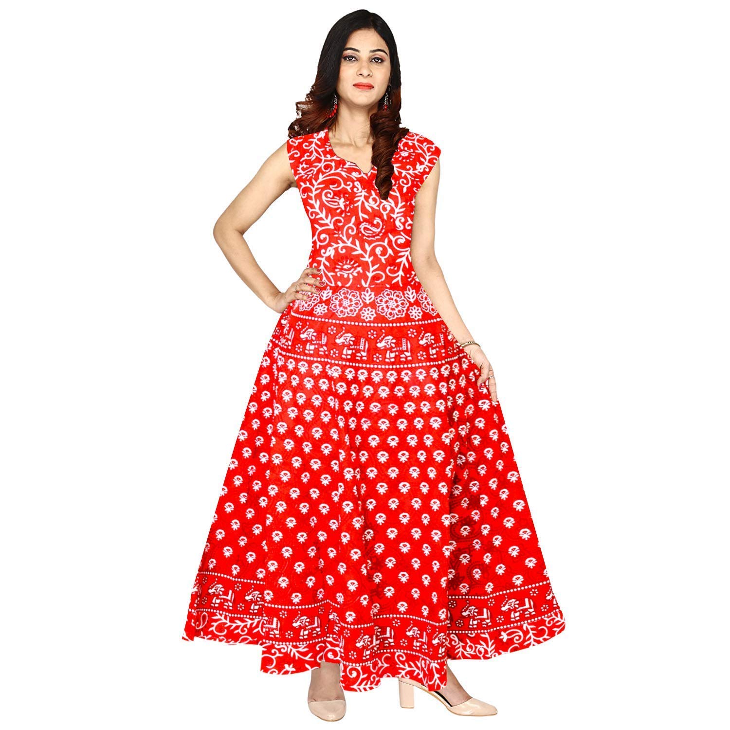 Siya Enterprises Women's 100% Cotton Jaipuri Print Long Midi Maxi Dress (Red01)-picture-50