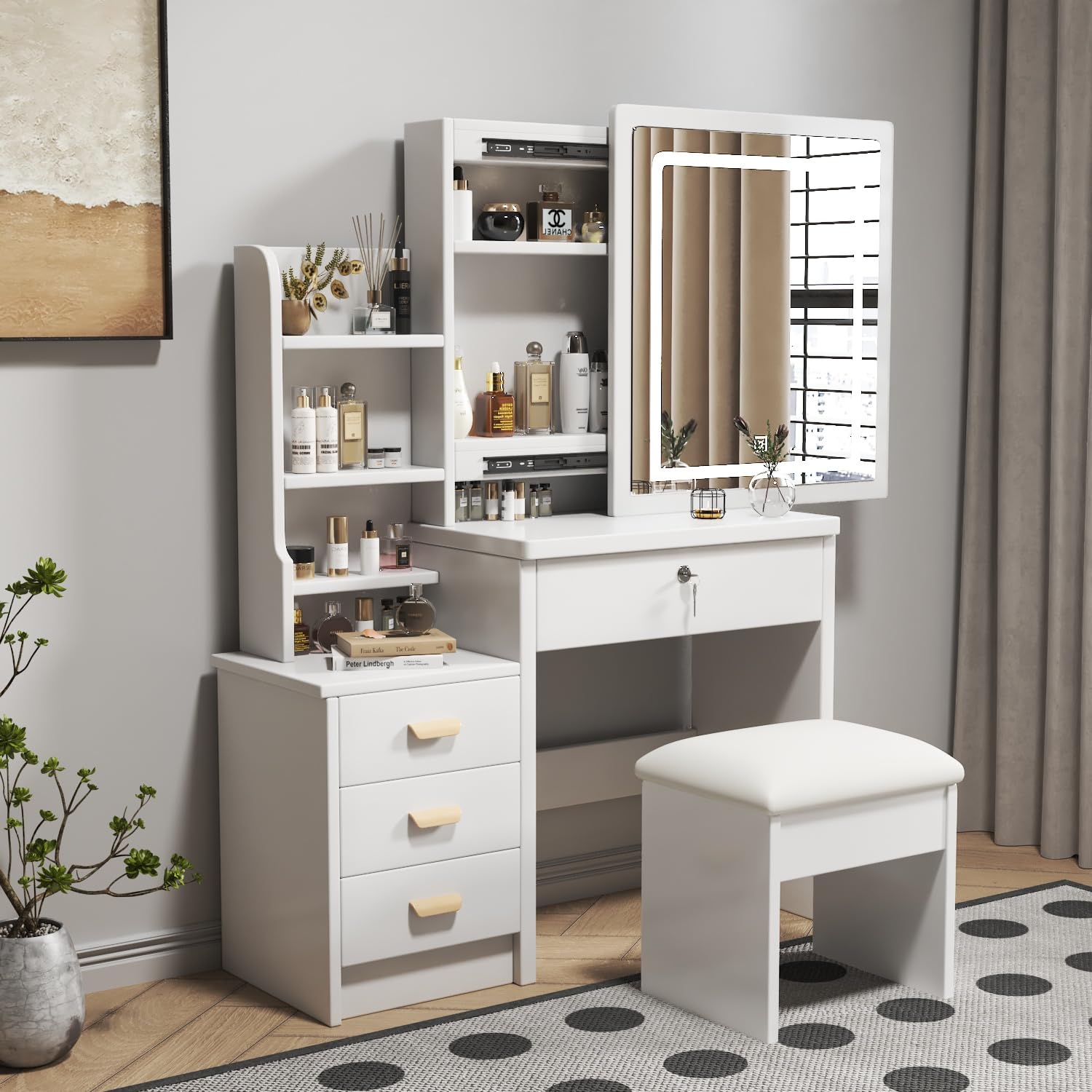 Makeup Vanity Desk with Mirror and Lights,Makeup Table with Sliding Mirror & 4 Drawers & Storage Shelves & Stool,3 Light Mode,Brightness Adjustable,for Bedroom,White