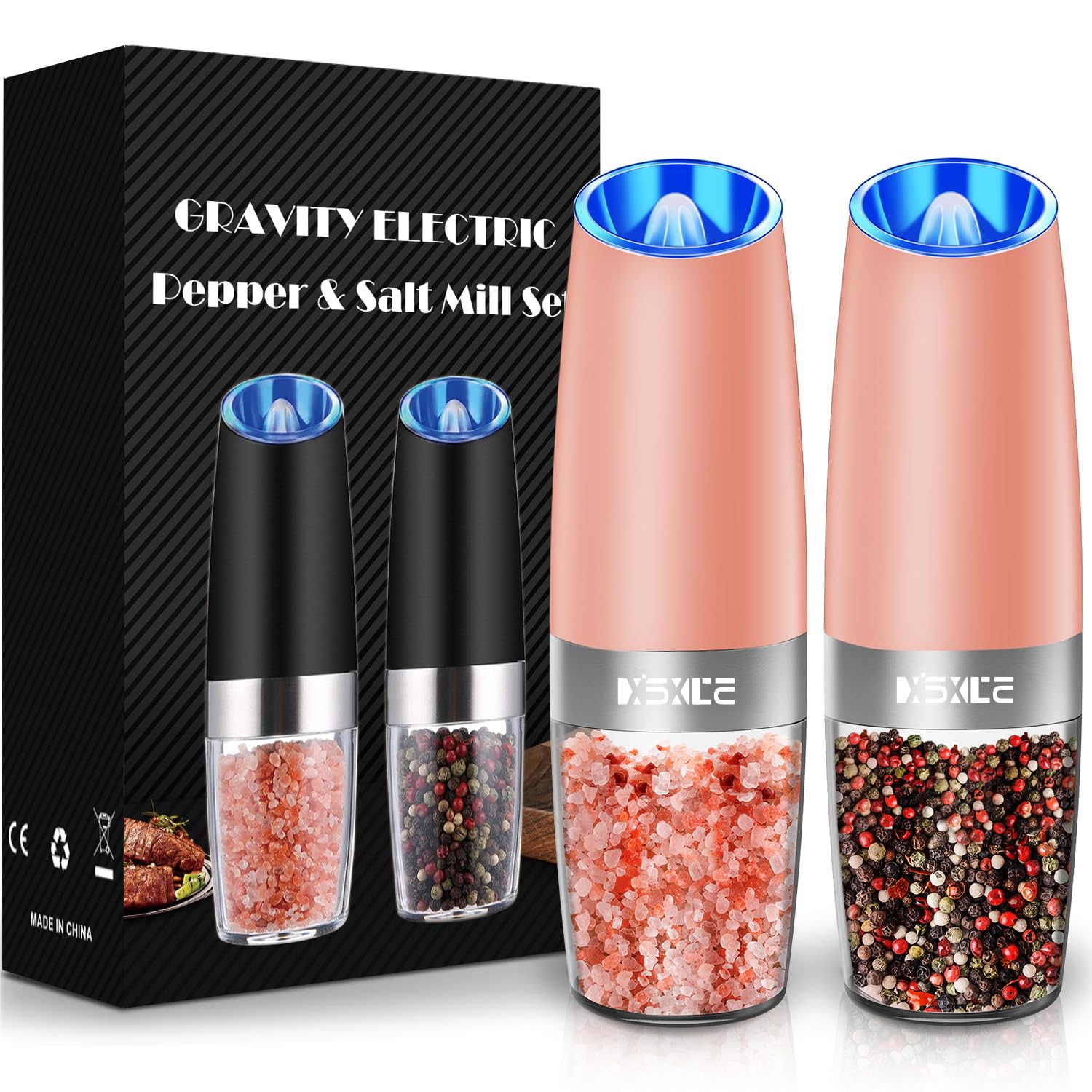 XinXu Gravity Automatic Electric Pepper and Salt Grinder, Auto Salt or Pepper Mill Shaker Stainless Steel,Blue LED Light,One Hand Operated, Coral