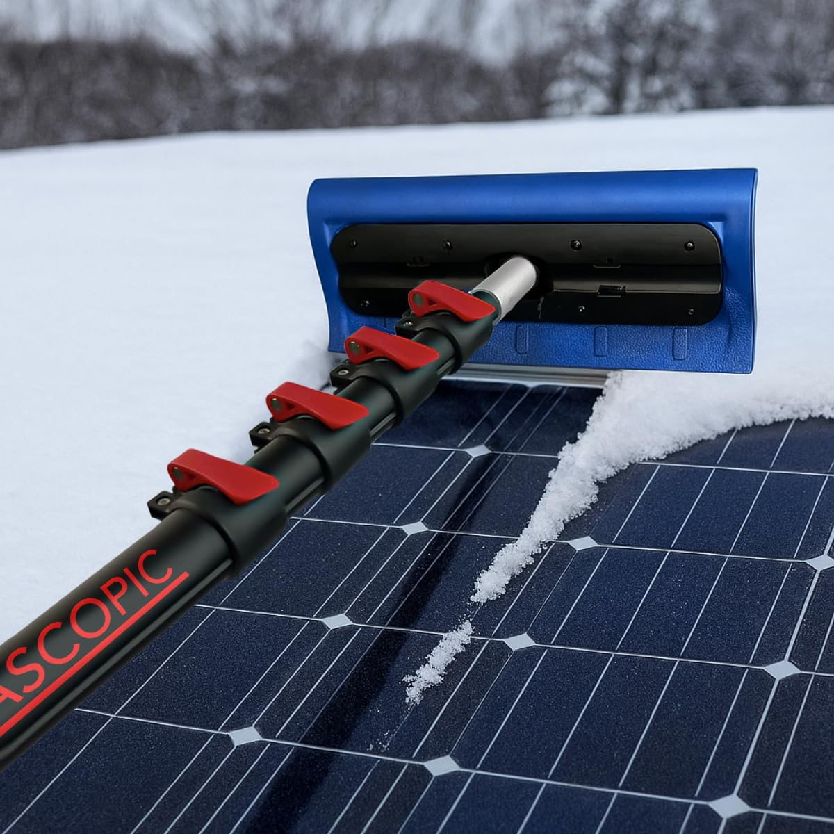 Aquascopic Astina telescopica 9 m con spazzaneve e spazzola a 5 superfici – per rimuovere neve e sporco in sicurezza da impianti solari, finestre, facciate e tetti