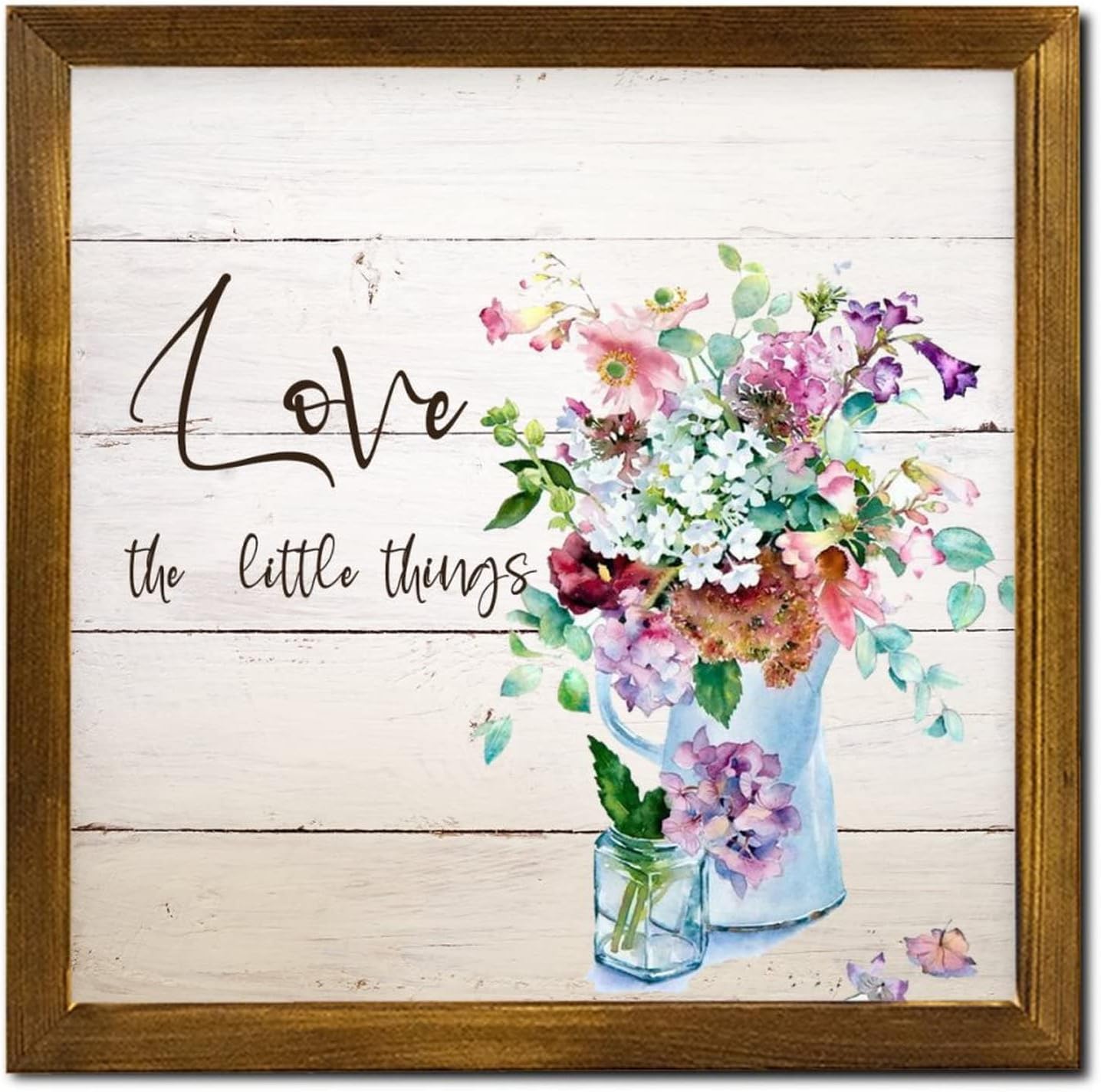 Love The Little Things Wooden Framed Sign Spring Peony Flower in Vase Positive Wall Plaque Retro Blossom Floral Hanging Wall Signs Decoration for Home Kitchen Living Room Table 12x12 inch