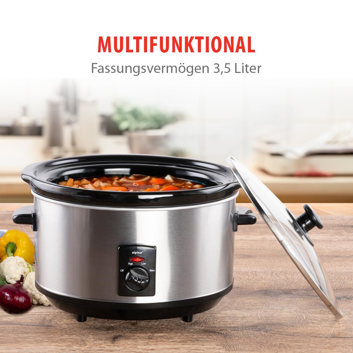 alpina Slow Cooker 3,5L - Multikocher mit Warmhaltefunktion - Crockpot mit Keramik-Innenpfanne und Glasdeckel - Multicooker 240W - Crock Pot Edelstahl, Silber