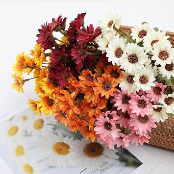 Artificial Sunset Mums, Artificial Outdoor Sunset Mums Flowers-for Outside Porch Garden Pots Planters Autumn Fall Decor,UV Resistant, Waterproof, Windproof,Look Real (A-Yellow,5 Bundle)