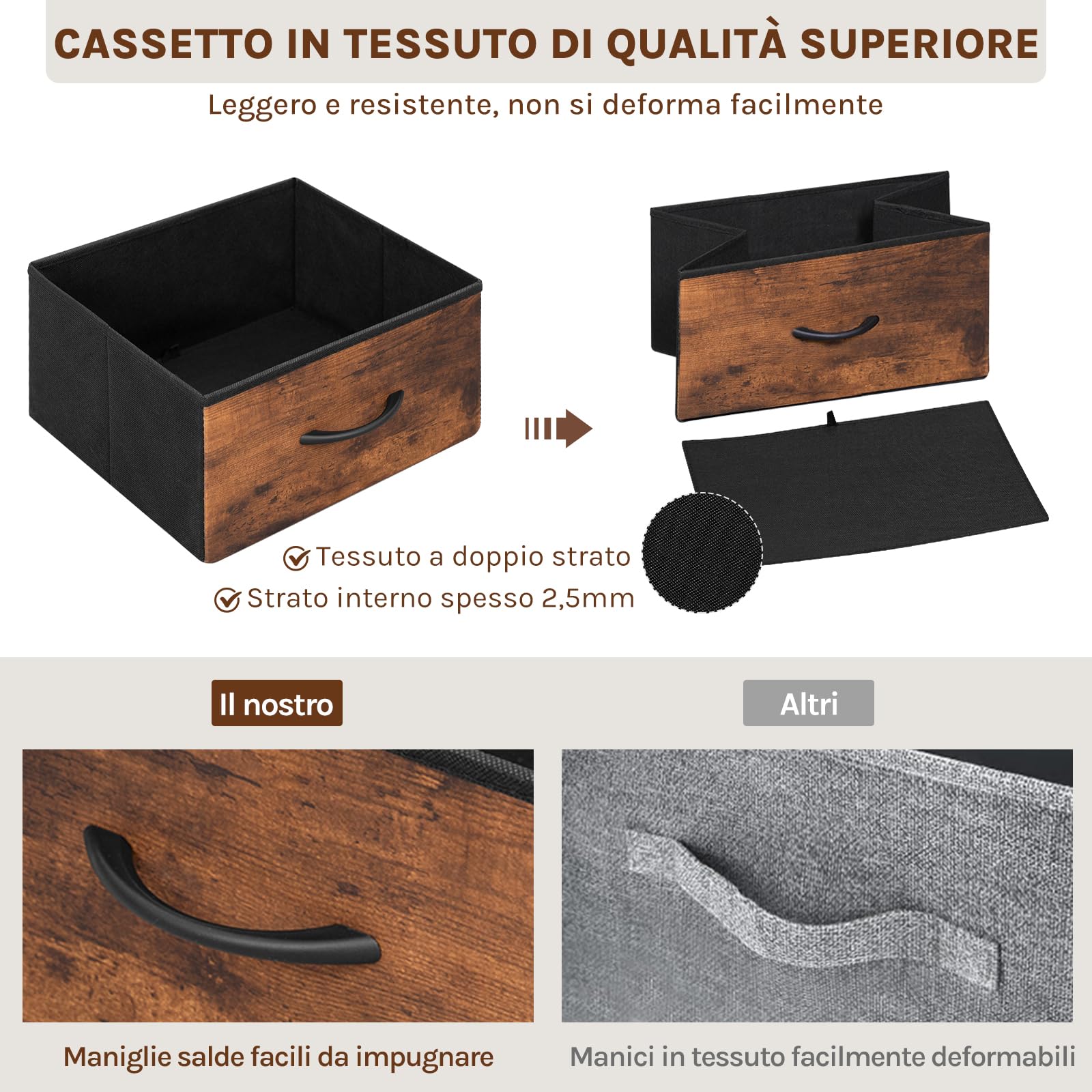 WOLTU Comò 9 Cassetti in Tessuto, Mobile Contenitore | con Multipresa e Illuminazione LED, 3 Ganci Laterali, Struttura in Metallo, 110x30x83,5 cm, Marrone Rustico + Nero