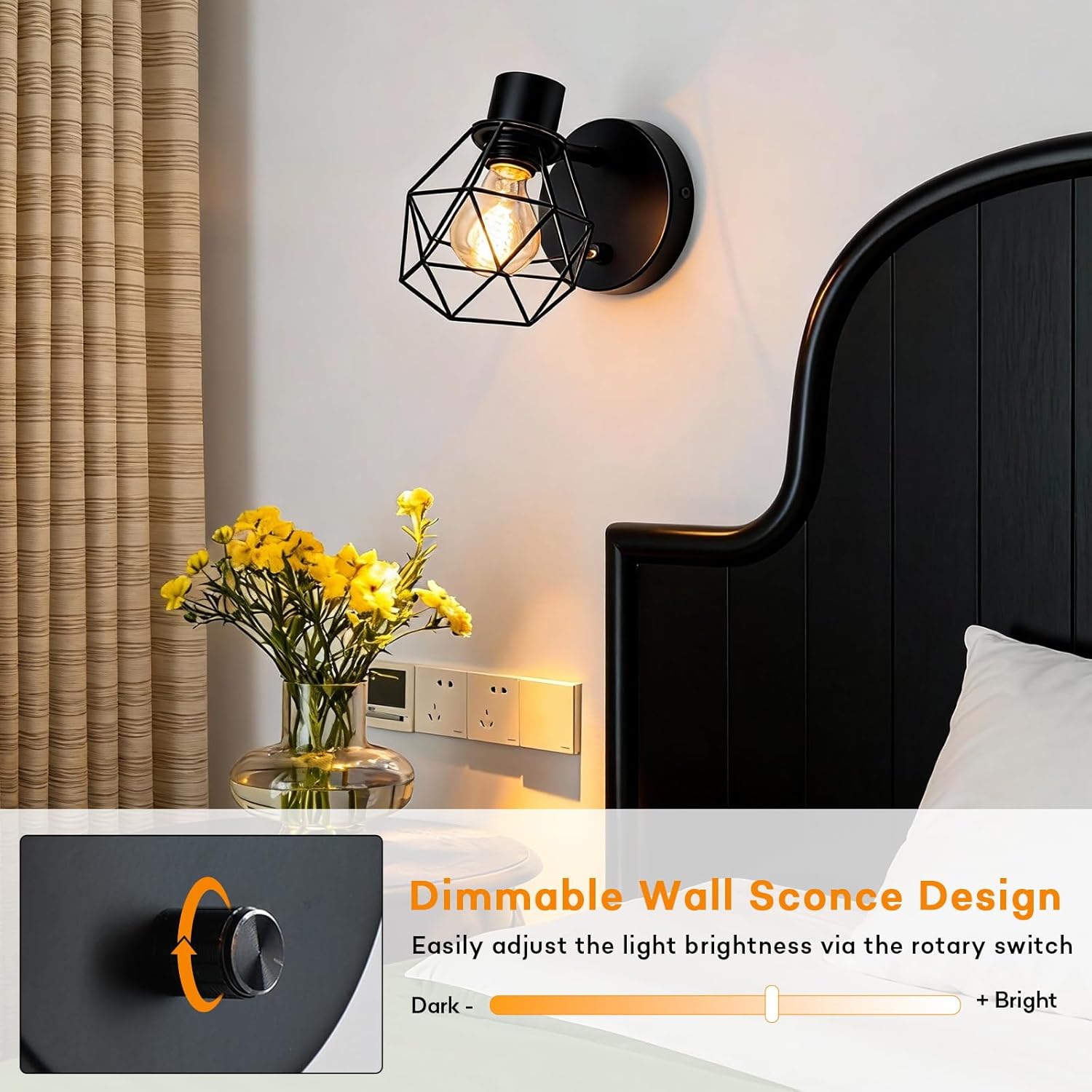 Lightess Black Wall Sconce with Dimmer ON Off Switch, Adjustable Head Vintage Cage Wall Mount Light Fixture Industrial Farmhouse Lighting for Living Room Kitchen, LG9933941