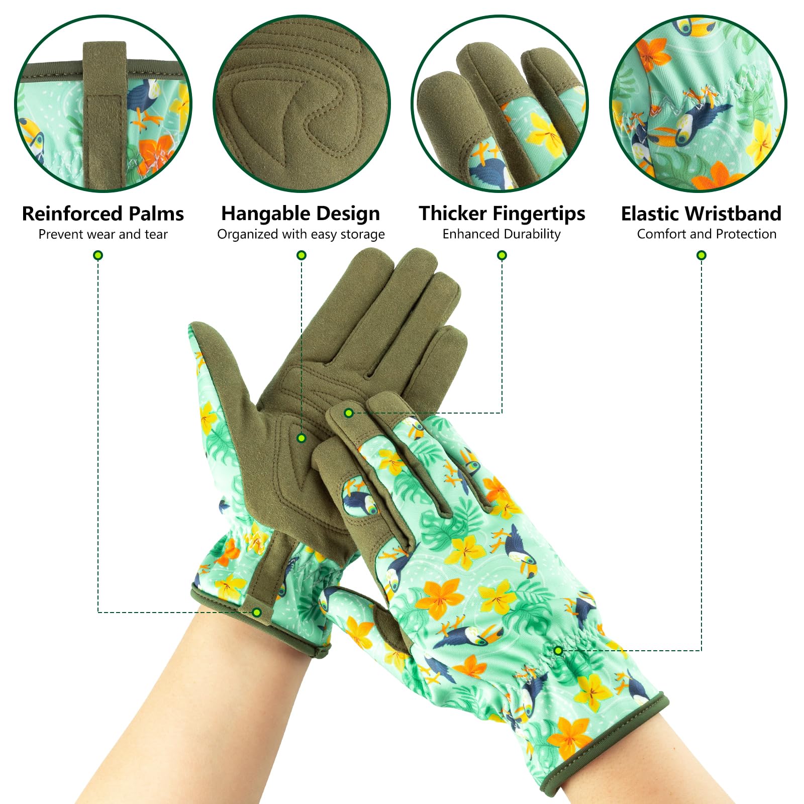 Guantes de jardinería para mujer, guantes de trabajo de cuero transpirable con puño de velcro, guantes a prueba de espinas para patio/jardín