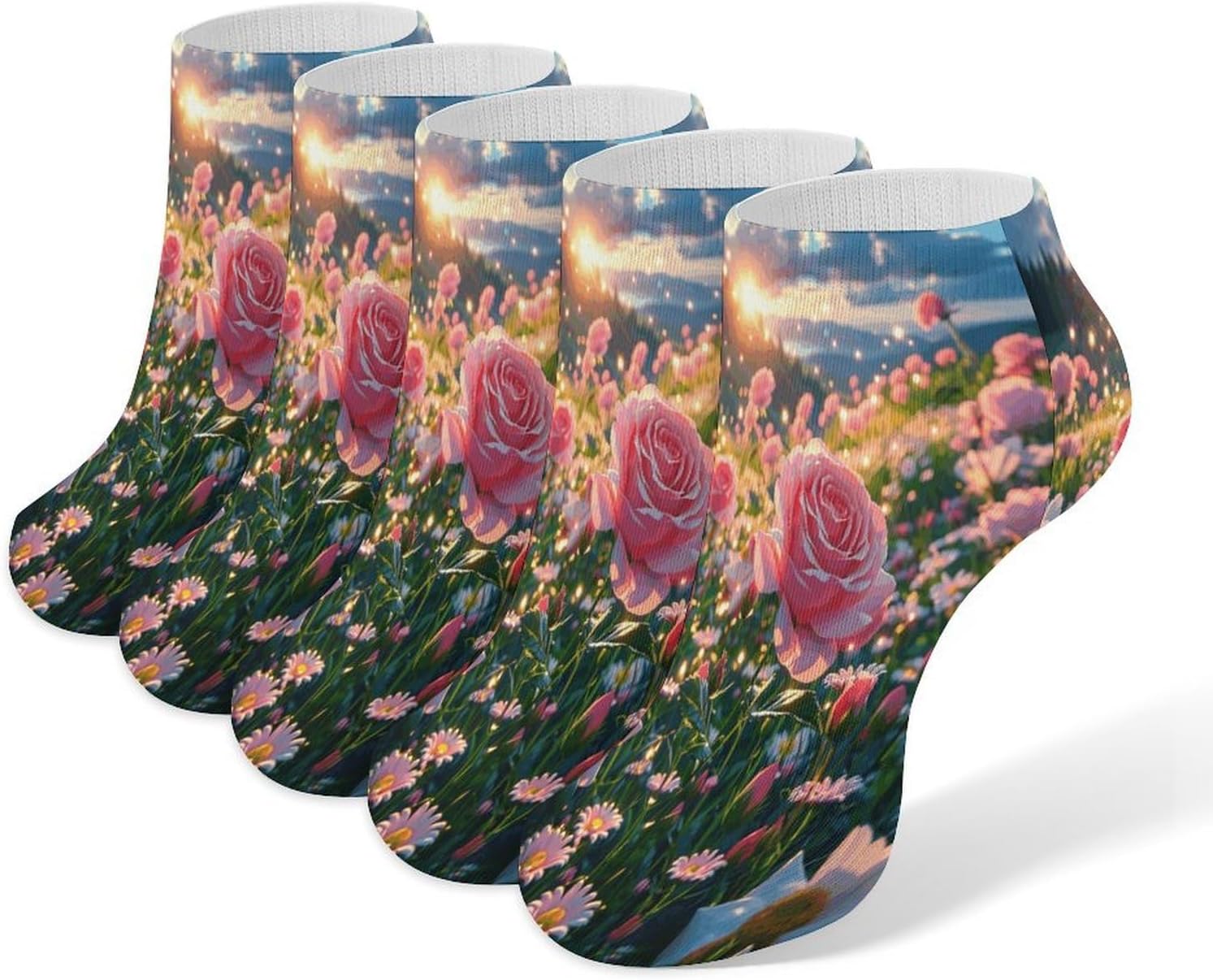 Sunrise over A Sea of ​​flowers 5Pairs Low Cut Ankle Socks for Women No Show Casual Breathable Athletic Socks for Sport