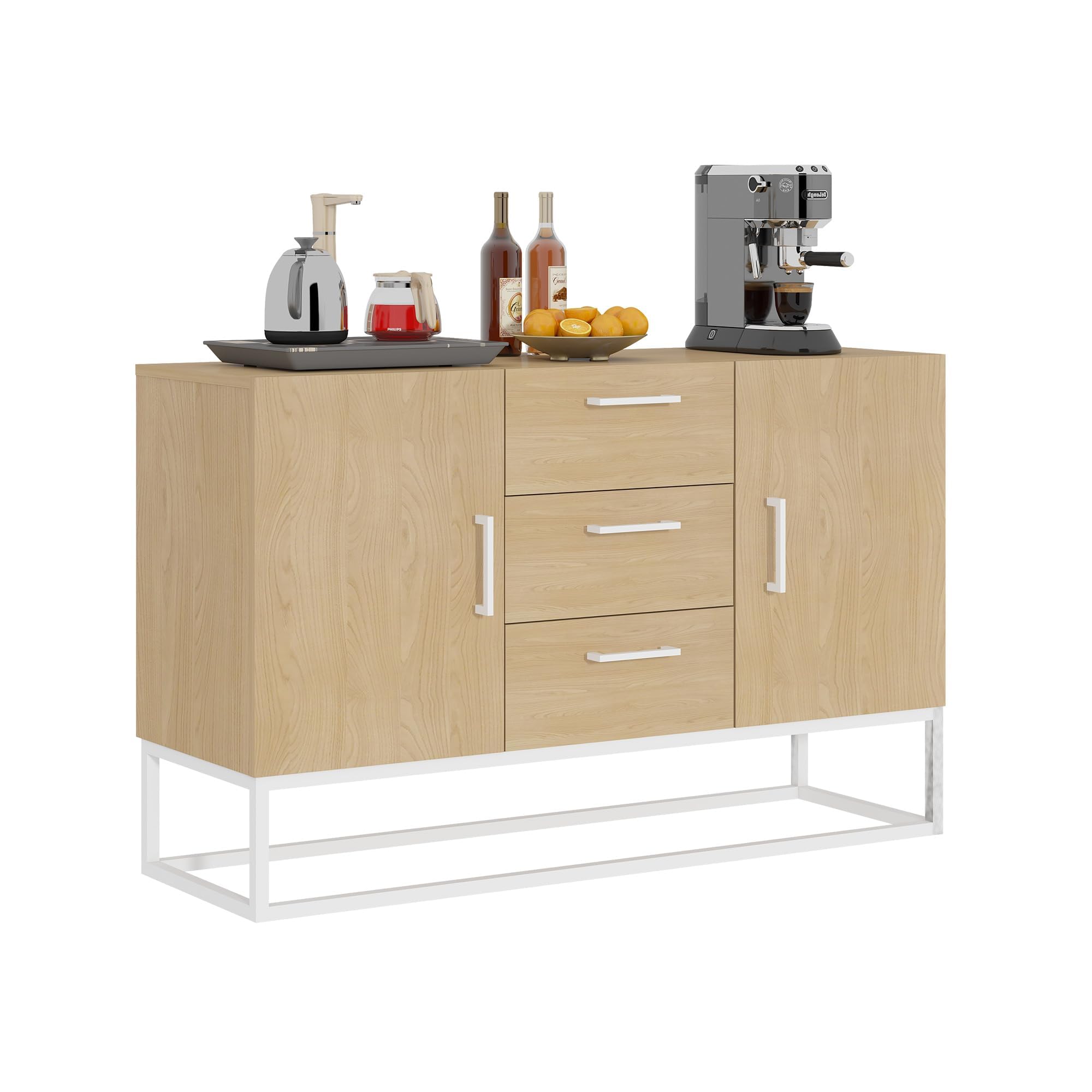 Bonzy Home Sideboard Buffet Cabinet 47 Inch Large Kitchen Storage Cabinet with 3 Drawers, 2 Doors and Adjustable Shelves, Coffee Bar Cabinet for Kitchen Dining Room, Oak&White