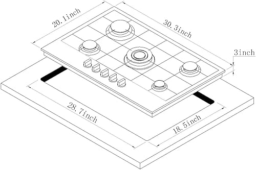 Miniatura 3 de Placa de cocina de gas de 30 pulgadas, estufa de gas de acero inoxidable integrada de 5 quemadores, estufa convertible de propanogas natural, estufa