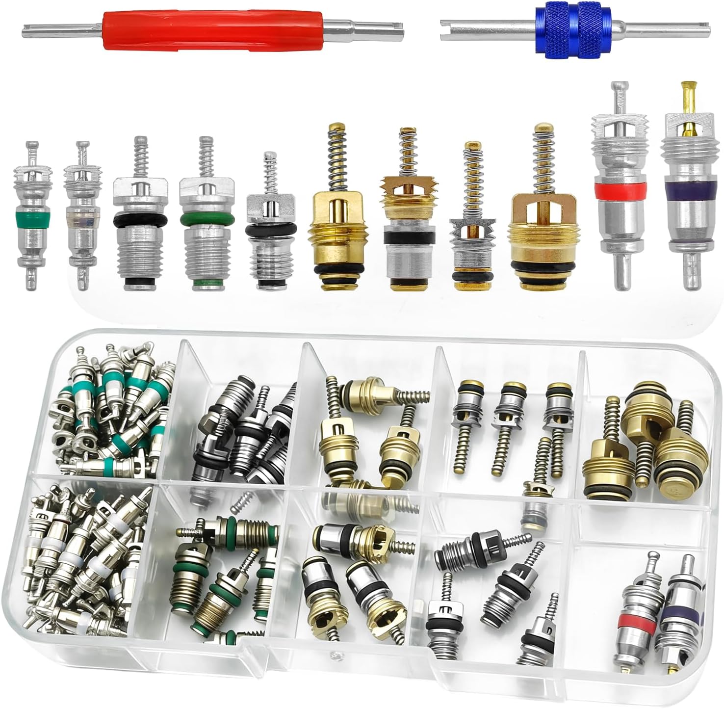 102Pcs Car Air Conditioner Valve Core, Automotive A/C R12 R134a Refrigeration Tire Valve Stem, w/Double Head Dual Dismantling Remover Installer Tool Assortment Kit