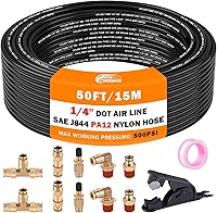 CheeMuii 50FT 1/4" DOT Air Line Hose Kit with 10 Brass Fittings, Schrader Valves, Cutter for Air Suspension Bags