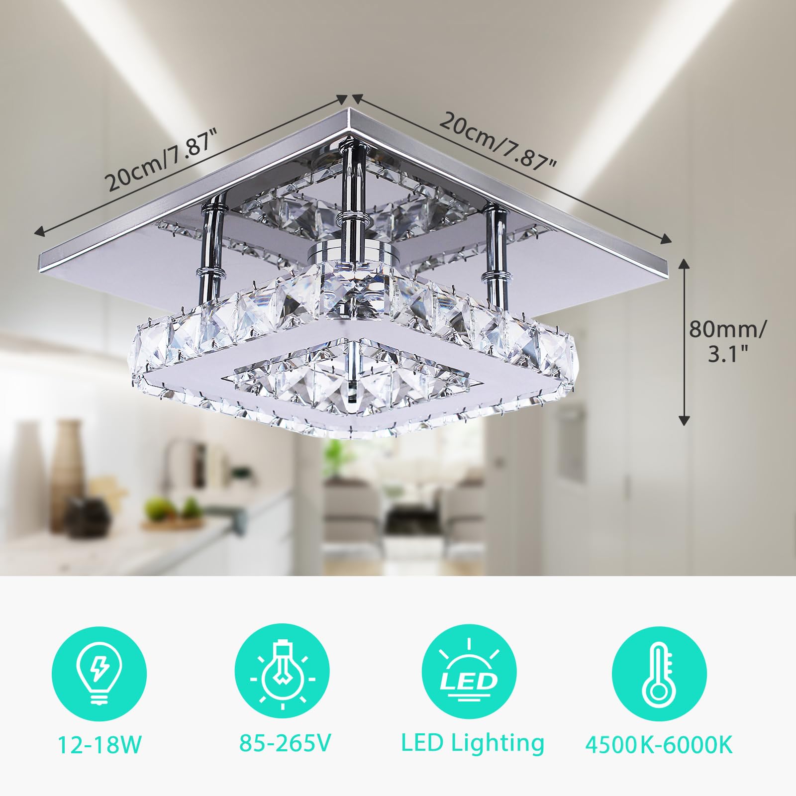 Mini Kristall Kronleuchter Kristall Deckenlampe Quadrat LED Pendelleuchte für Flur Treppe (kühl weiß)
