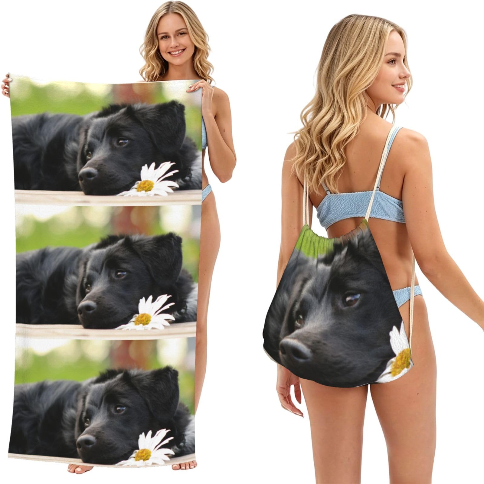 Poadnly As Picture Black Labrador Chamomile Black Retriever Dogs, 2 In 1 Packable Towel Bag, Beach Towels With Drawstring Backpack For Travel Holiday Camping