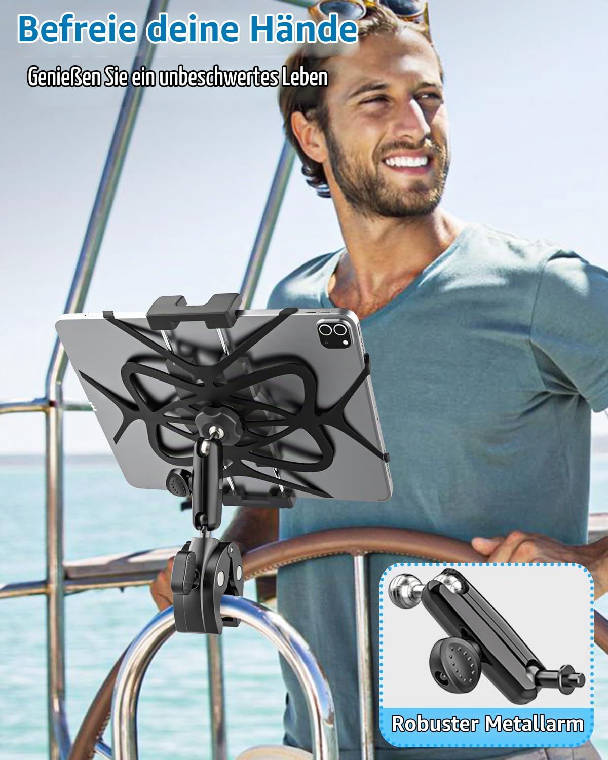 Boot Tablet Halterung Metall Robust, Segelboot Yacht Marine iPad Halterung | Klemmhalterung Fahrrad Boote Rohrklemme für Tablets & Handys, 4-13 Zoll (mit Fallschutzgurt)
