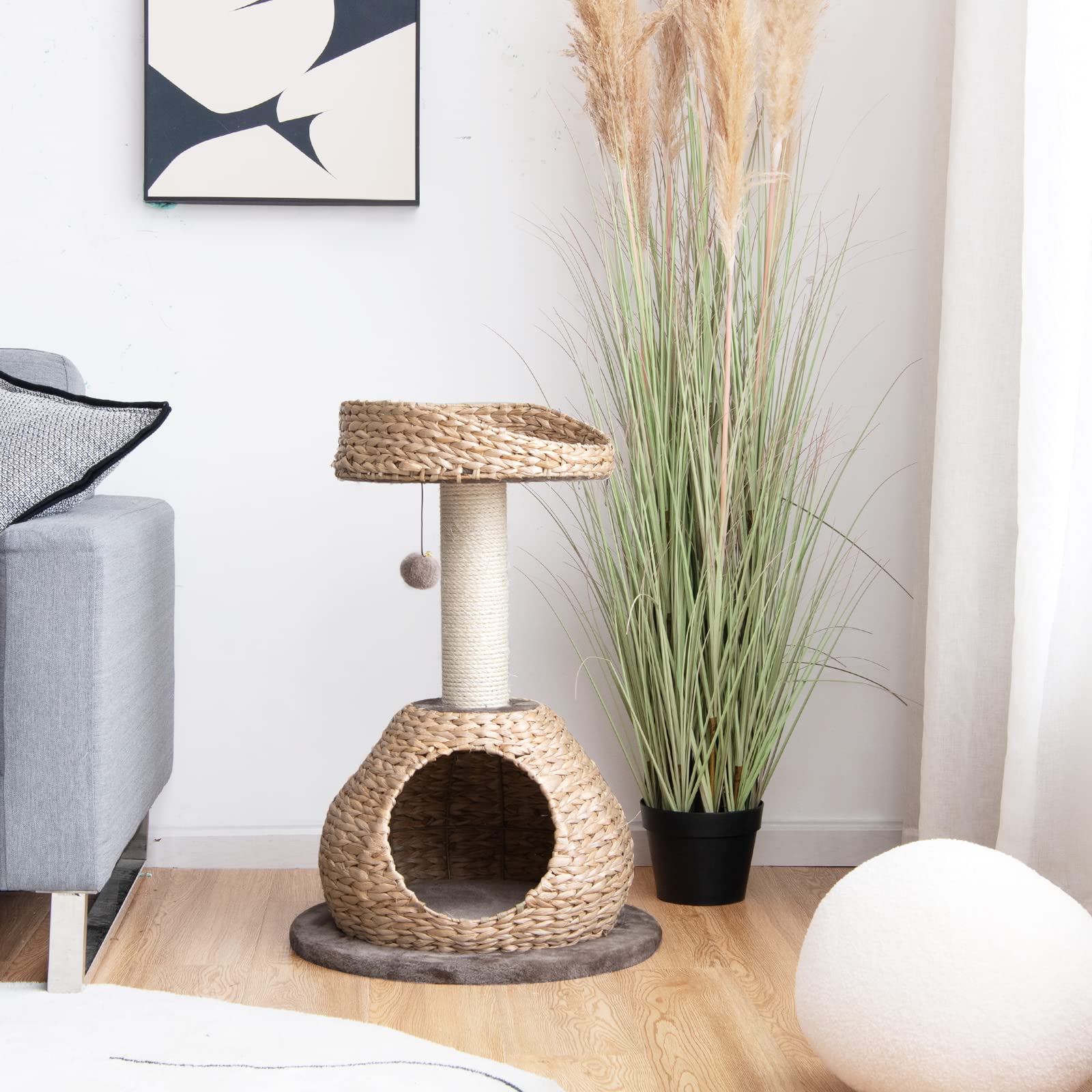 GOPLUS Arbre à Chat 72 CM en Tige de Massette, 2 Niveaux, avec Plateforme, Niche, Poteaux en Sisal, Coussin Souple, Boule pour Chats et Chatons, Marron et Beige