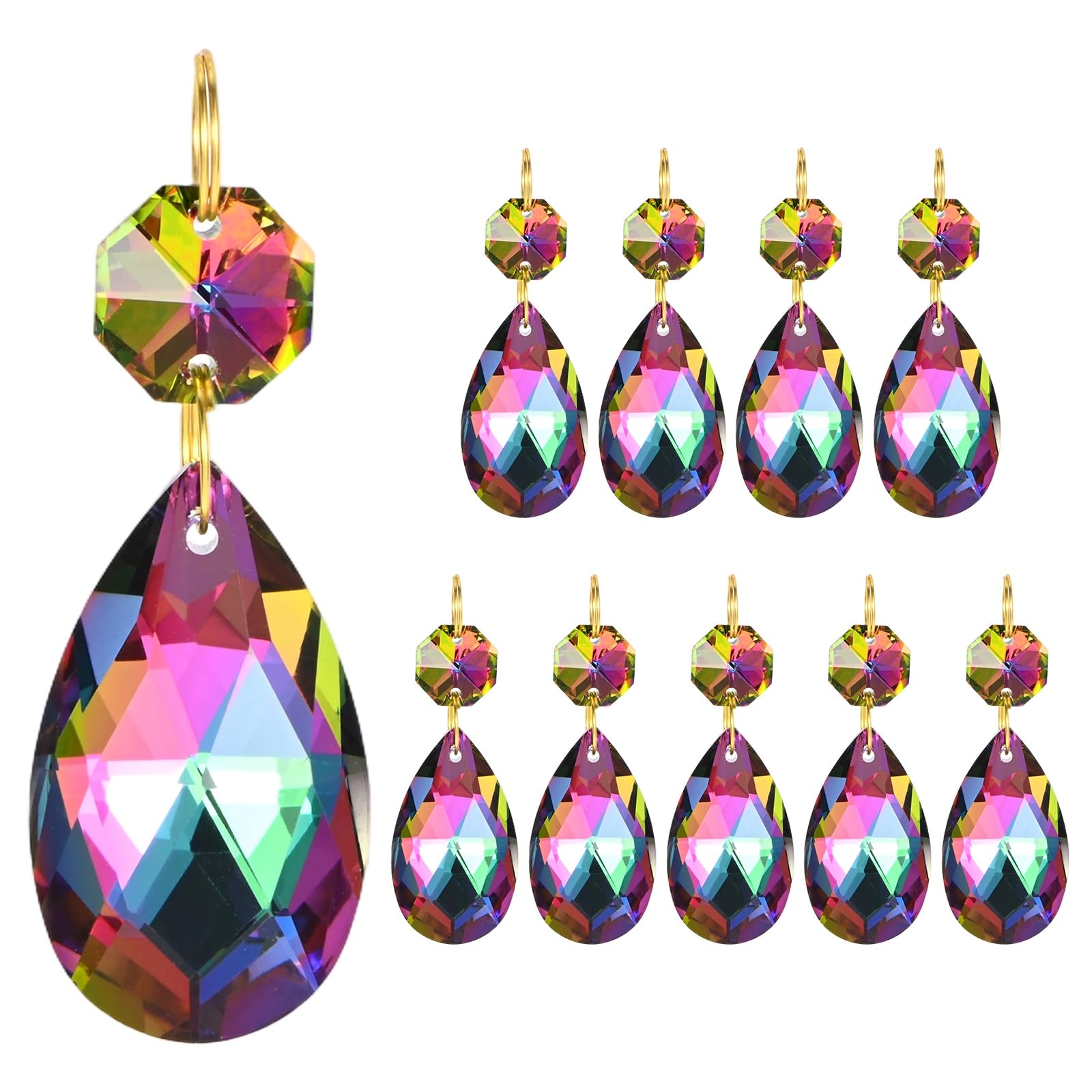 M METERXITY 10PCS Crystal Suncatcher 1 Teardrop Prisms Pendants Ornament, 38mm Chandelier Hanging Crystal Sun Catcher Beads for Home Garden Windows Wedding DIY Decoration [EP Colorful]