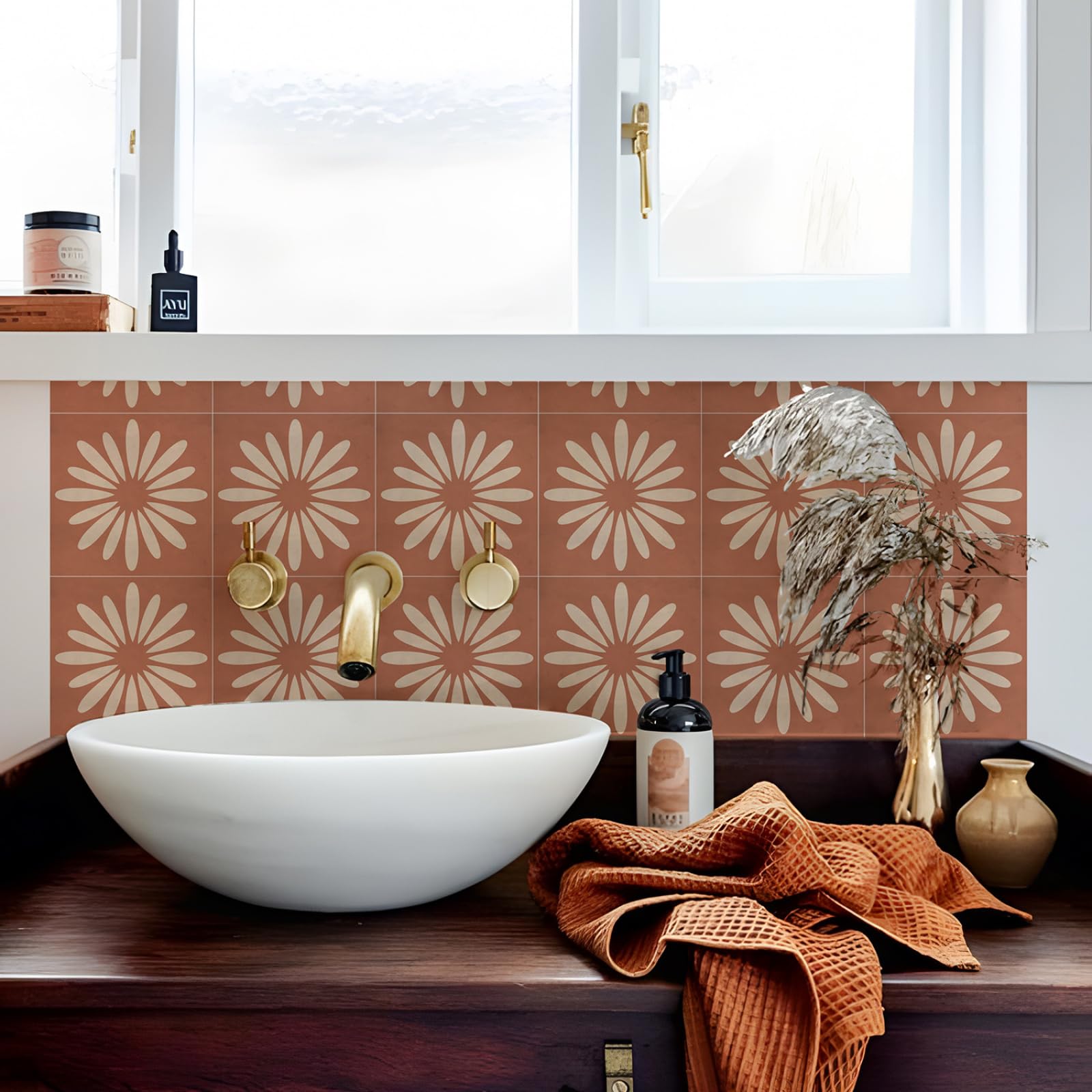 Adhesivos para Azulejos, Color Rojo ladrillo y Beige, para Cocina. Adhesivos autoadhesivos para Suelo, baño, Pared, duraderos, Impermeables, Resistentes al Aceite, escaleras, remov
