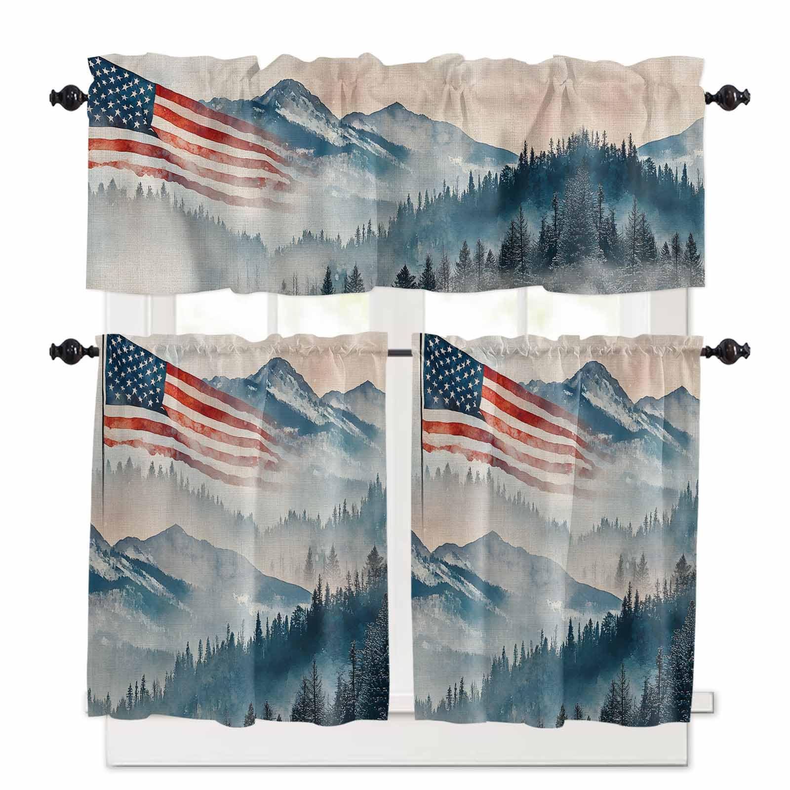 American Flag Kitchen Curtains 24 Inch Length, 3 Piece Rod Pocket Small Half Tiers and Valance Set, 4th of July Forest Independence Day Small Large Window Treatment Decor for Bedroom/Bathroom Sink