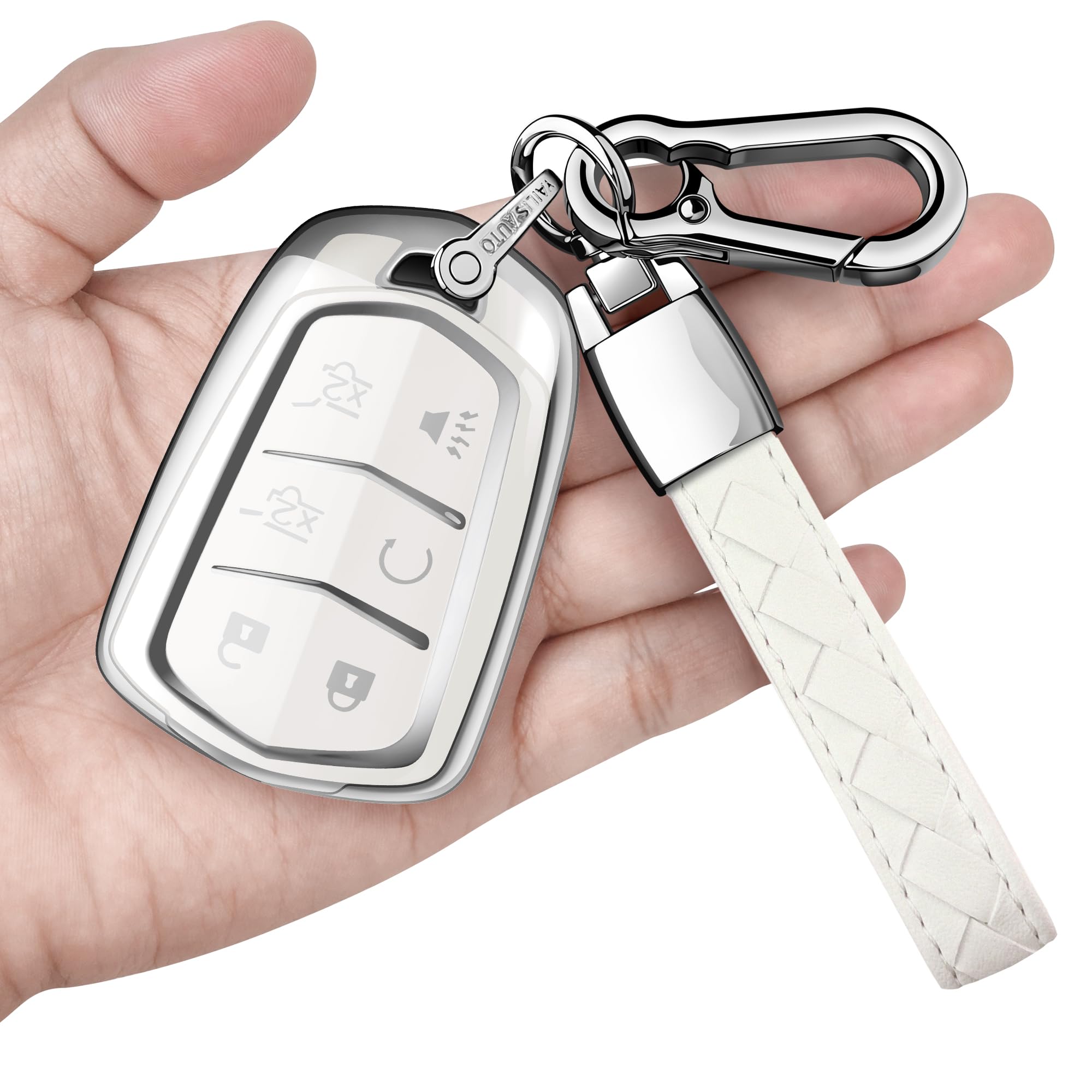Sindeda for Cadillac Key Fob Cover with Keychain Soft Full Protection Key Shell Key Case Compatible with 2015-2019 Escalade, CTS, SRX, XT5, ATS, STS, and CT6 Smart Key (White, 6 Buttons)