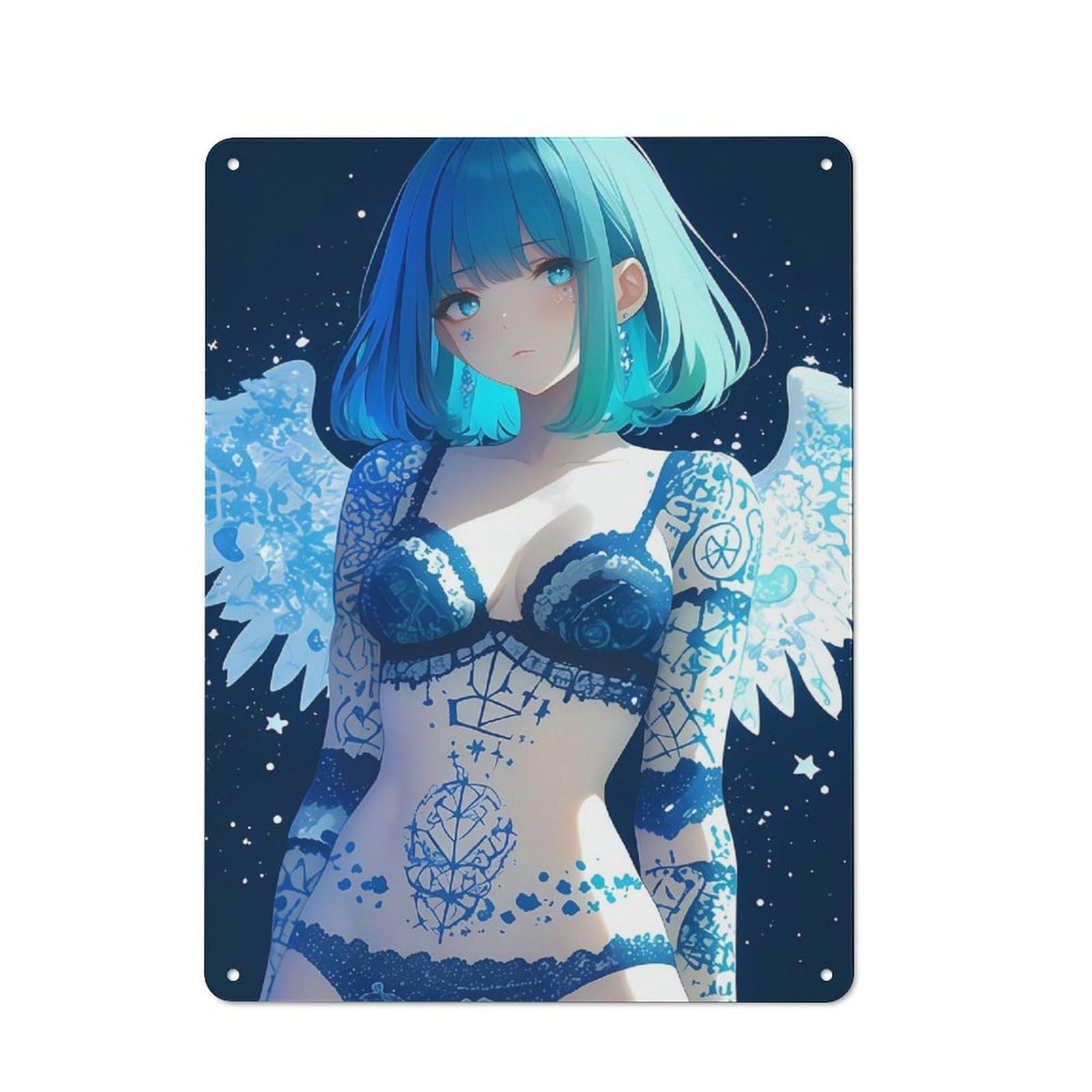 Everyday Blue-haired Angel with Tattoos Anime Girl Gaming Metal Gift Sign 40x30cm, Room Wall Plaque for Home, Shop, Pub Or Studio Wall