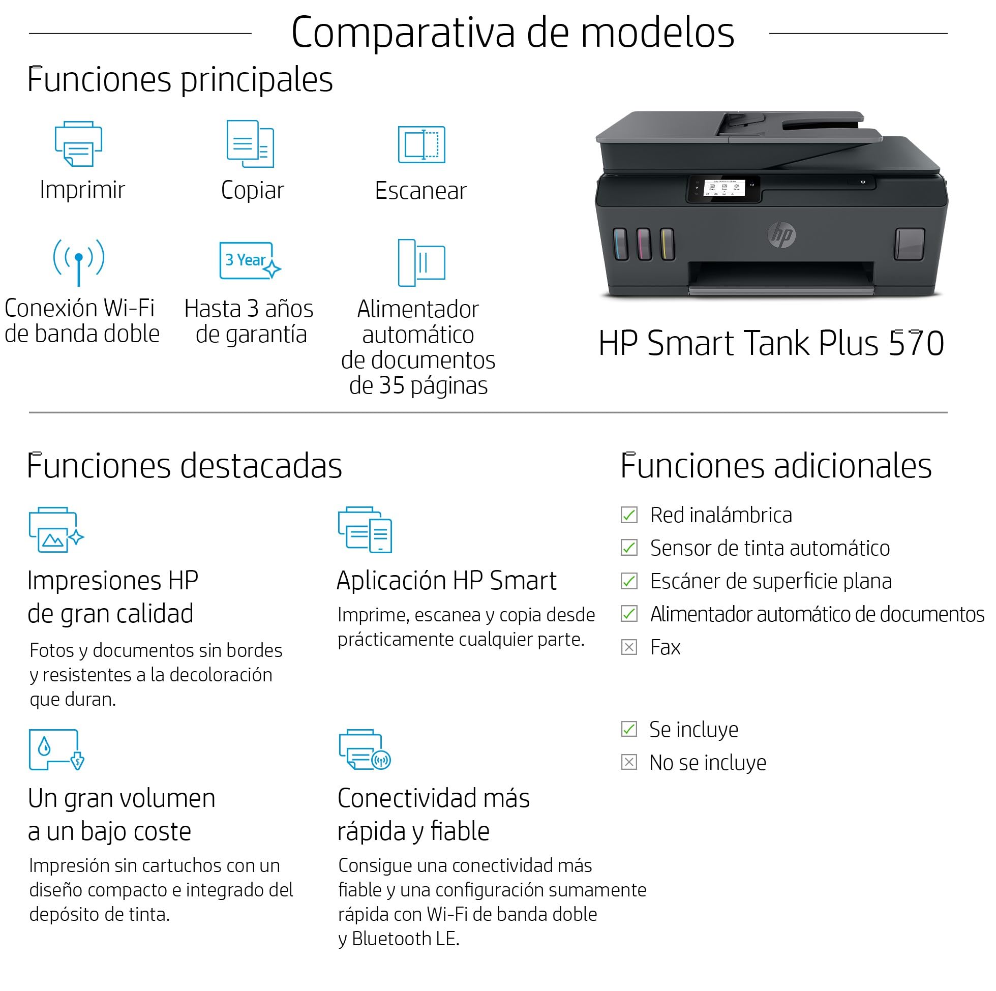 HP Smart Tank Plus 570 5HX14A- Impresora A4 Multifunción con Deposito de Tinta Recargable, Impresión a Color, Escaner, Copiadora, Wi-Fi, Smart App, Negro